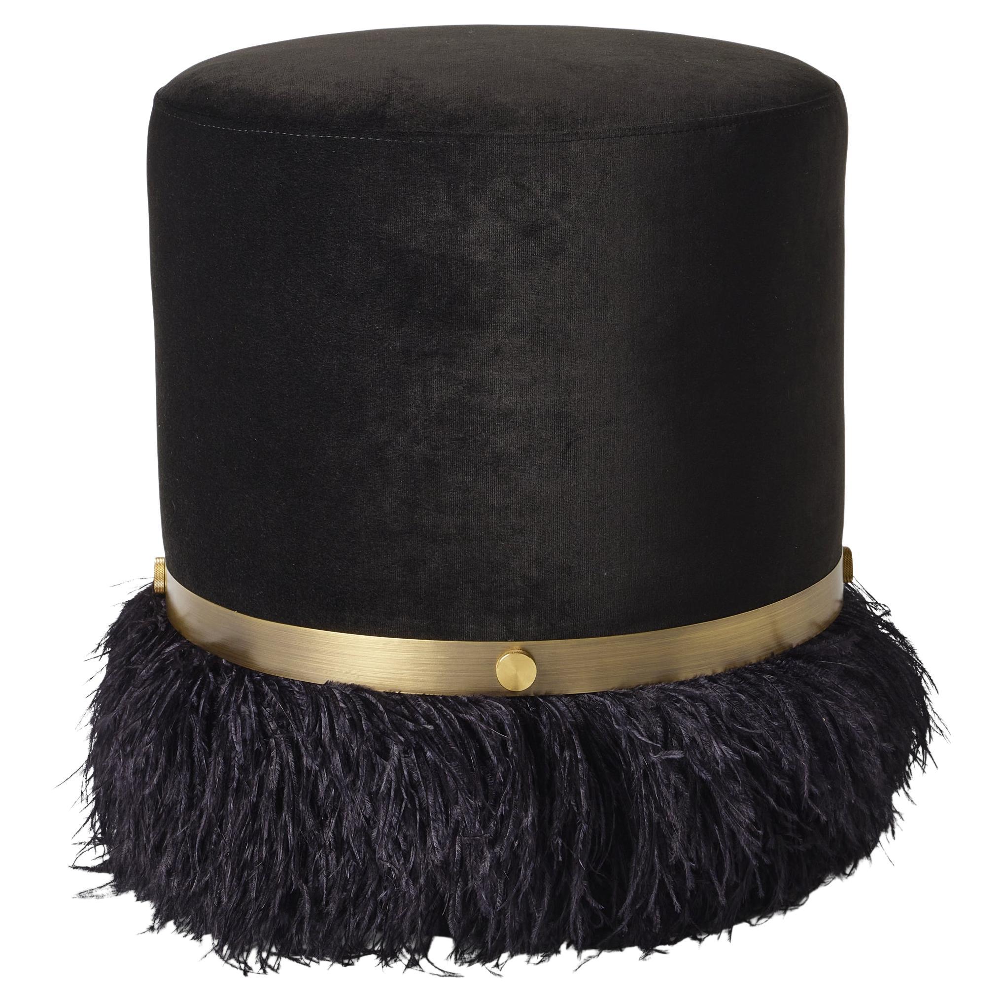 Ostrich Fluff Black 450 Diameter Velvet Pouf By Egg Designs