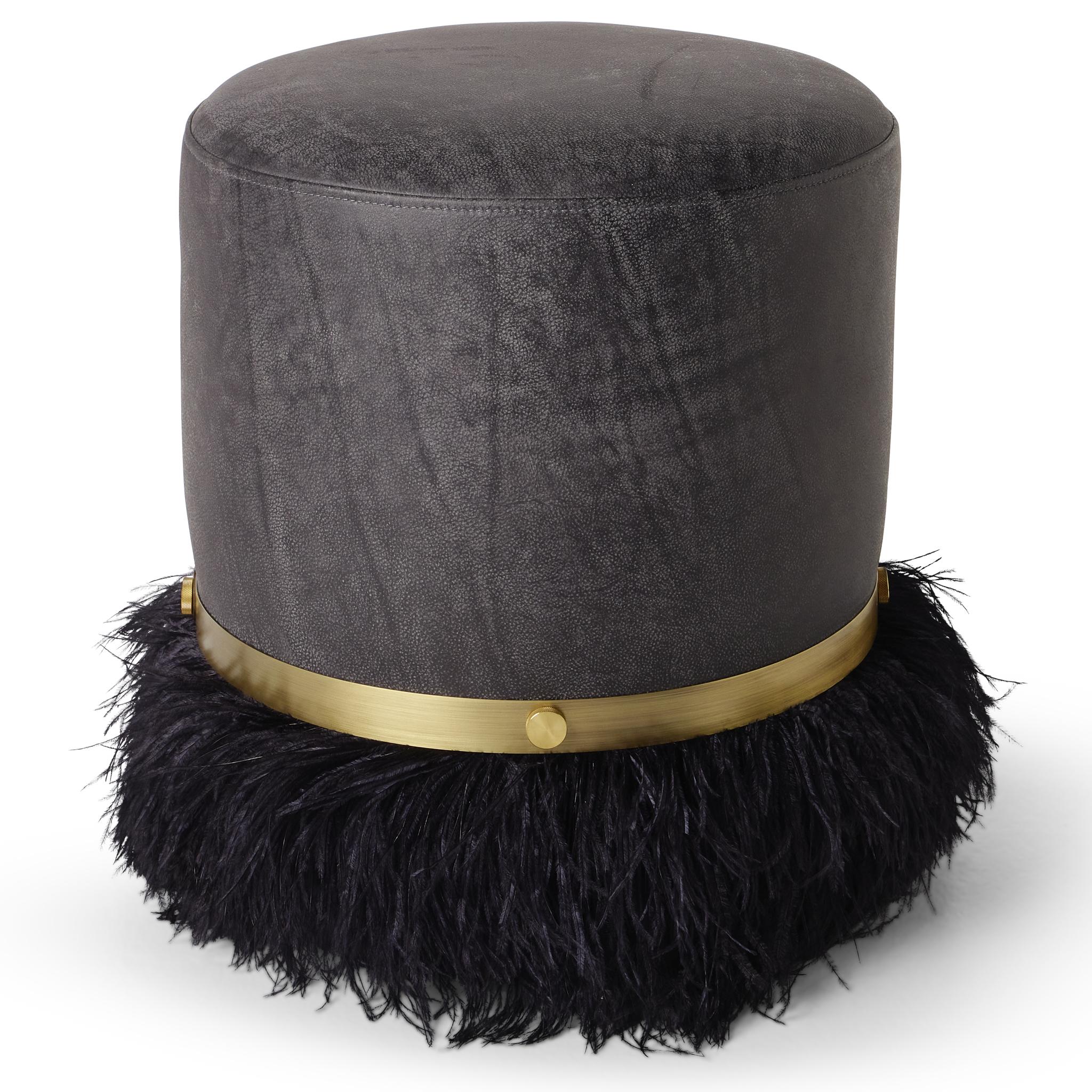 The modern organic Ostrich Fluff Pouf combines rich tactile materials with sculptural form, designed as the perfect companion to Egg Designs’ Ostrich Fluff lounge chair or as a standalone statement piece. Upholstered in a buffed charcoal leather,