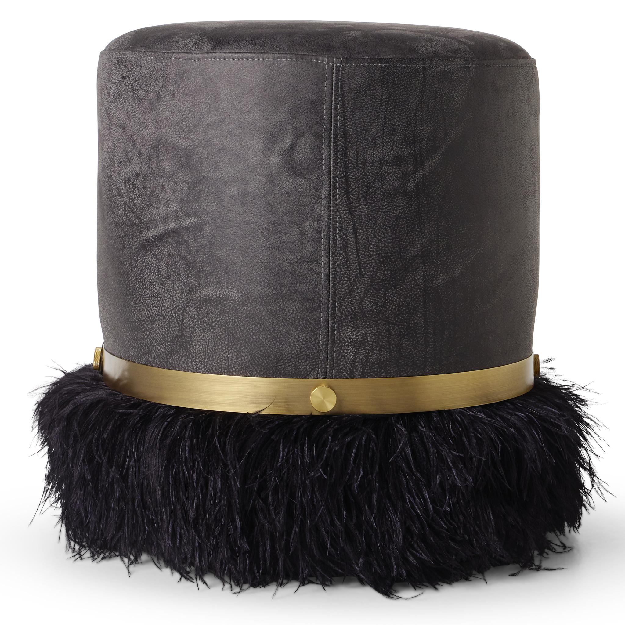 Modern Ostrich Fluff Charcoal 450 Diameter Leather Pouf By Egg Designs For Sale