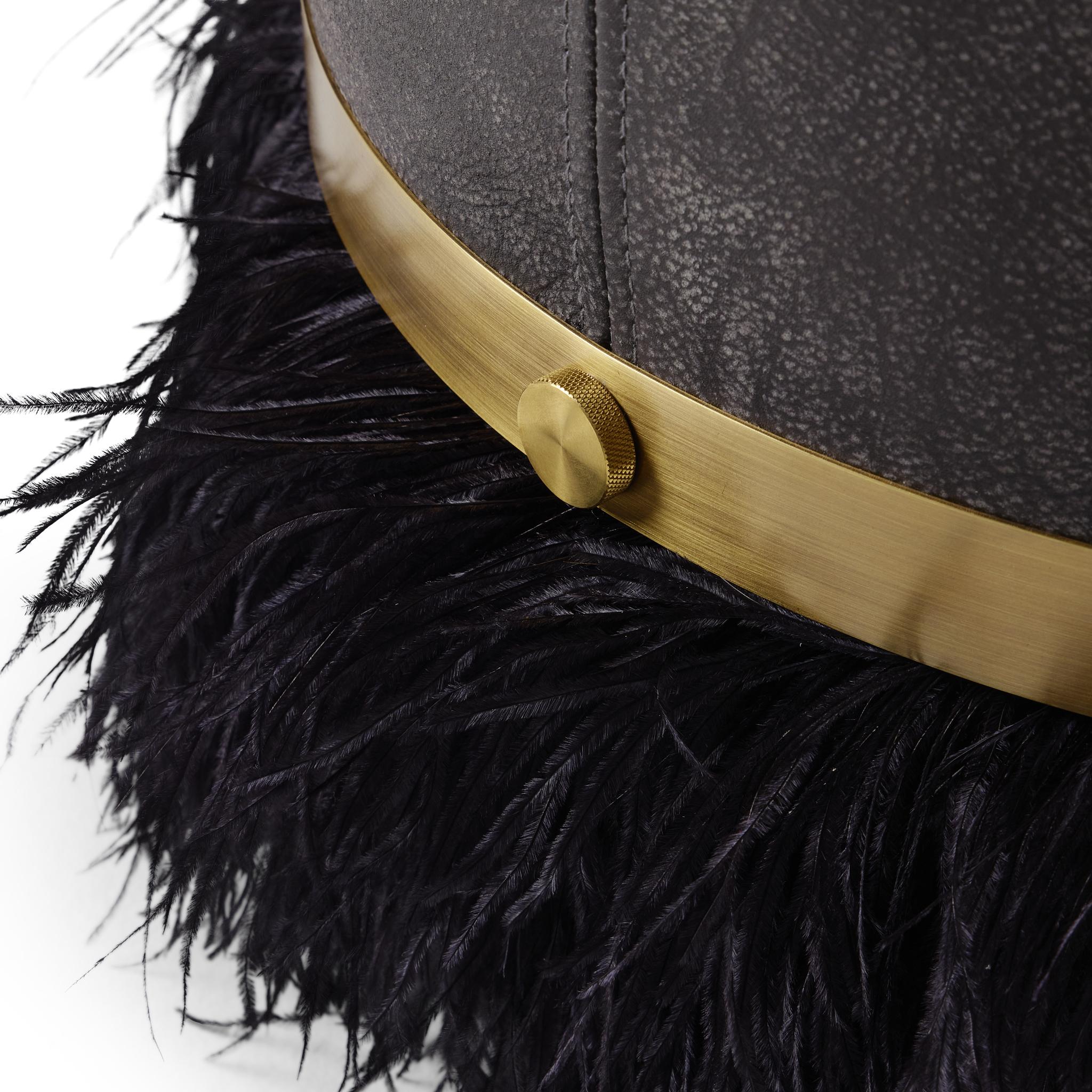South African Ostrich Fluff Charcoal 450 Diameter Leather Pouf By Egg Designs For Sale