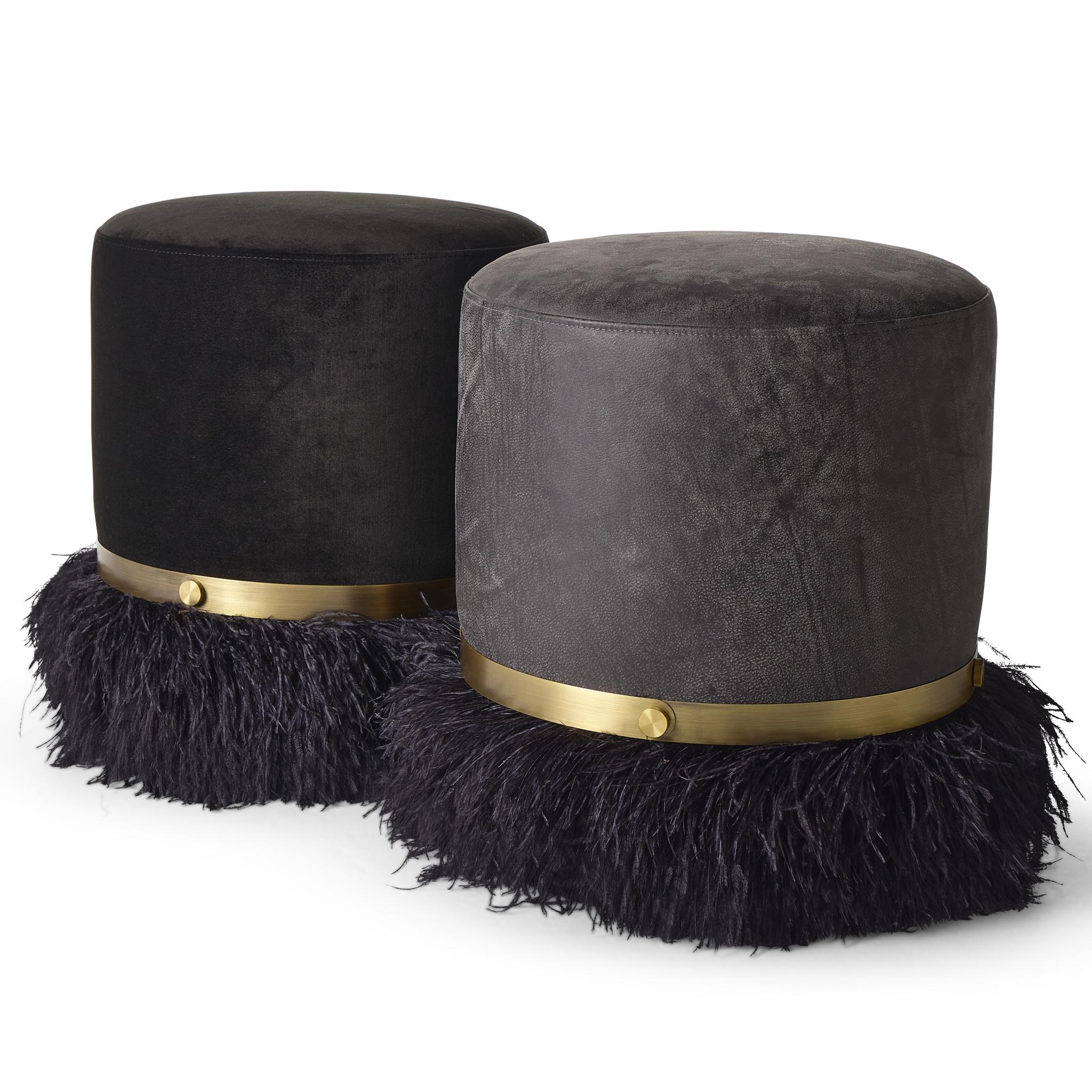 Bronzed Ostrich Fluff Charcoal 450 Diameter Leather Pouf By Egg Designs For Sale