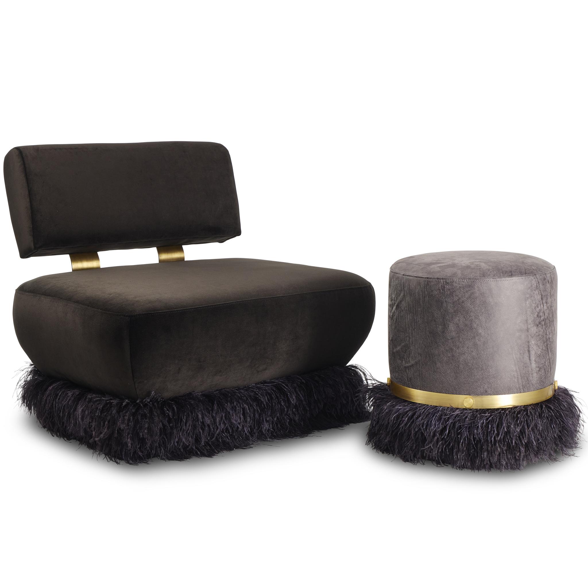 Contemporary Ostrich Fluff Charcoal 450 Diameter Leather Pouf By Egg Designs For Sale