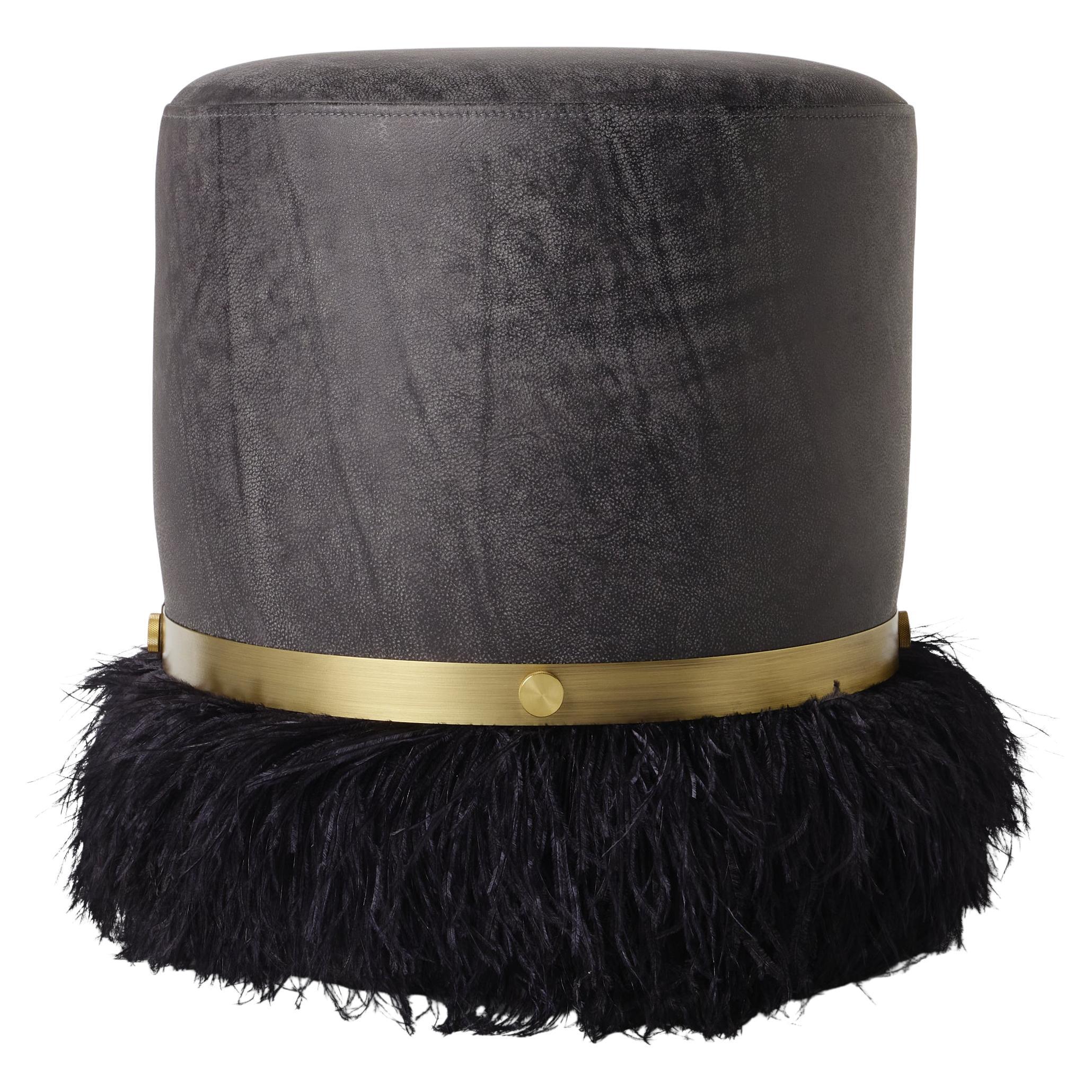 Ostrich Fluff Charcoal 450 Diameter Leather Pouf By Egg Designs For Sale