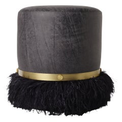 Ostrich Fluff Charcoal 450 Diameter Leather Pouf By Egg Designs