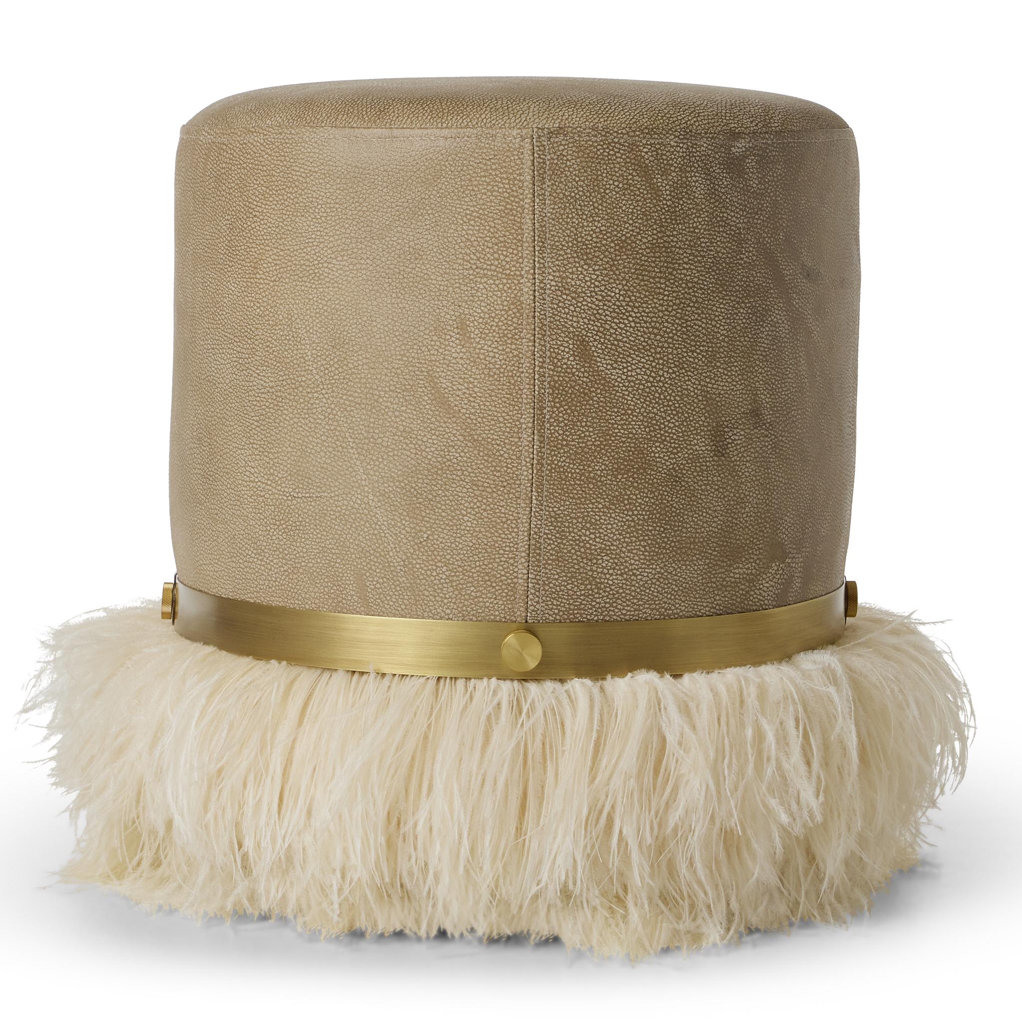 Modern Ostrich Fluff Cream 450 Diameter Leather Pouf By Egg Designs For Sale
