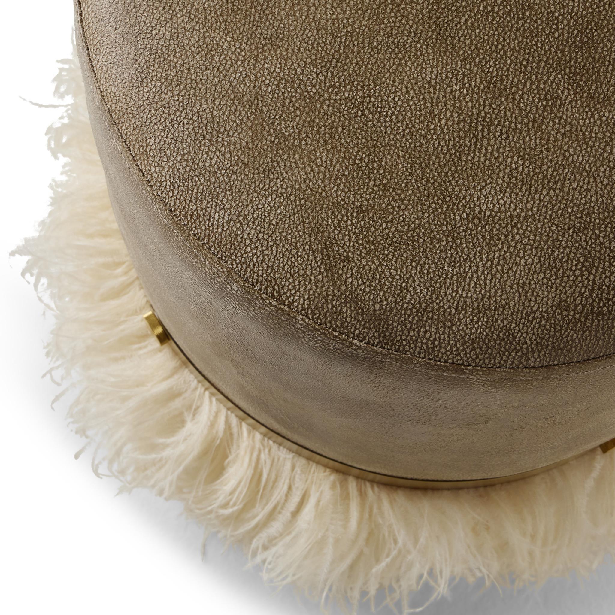 Bronzed Ostrich Fluff Cream 450 Diameter Leather Pouf By Egg Designs For Sale