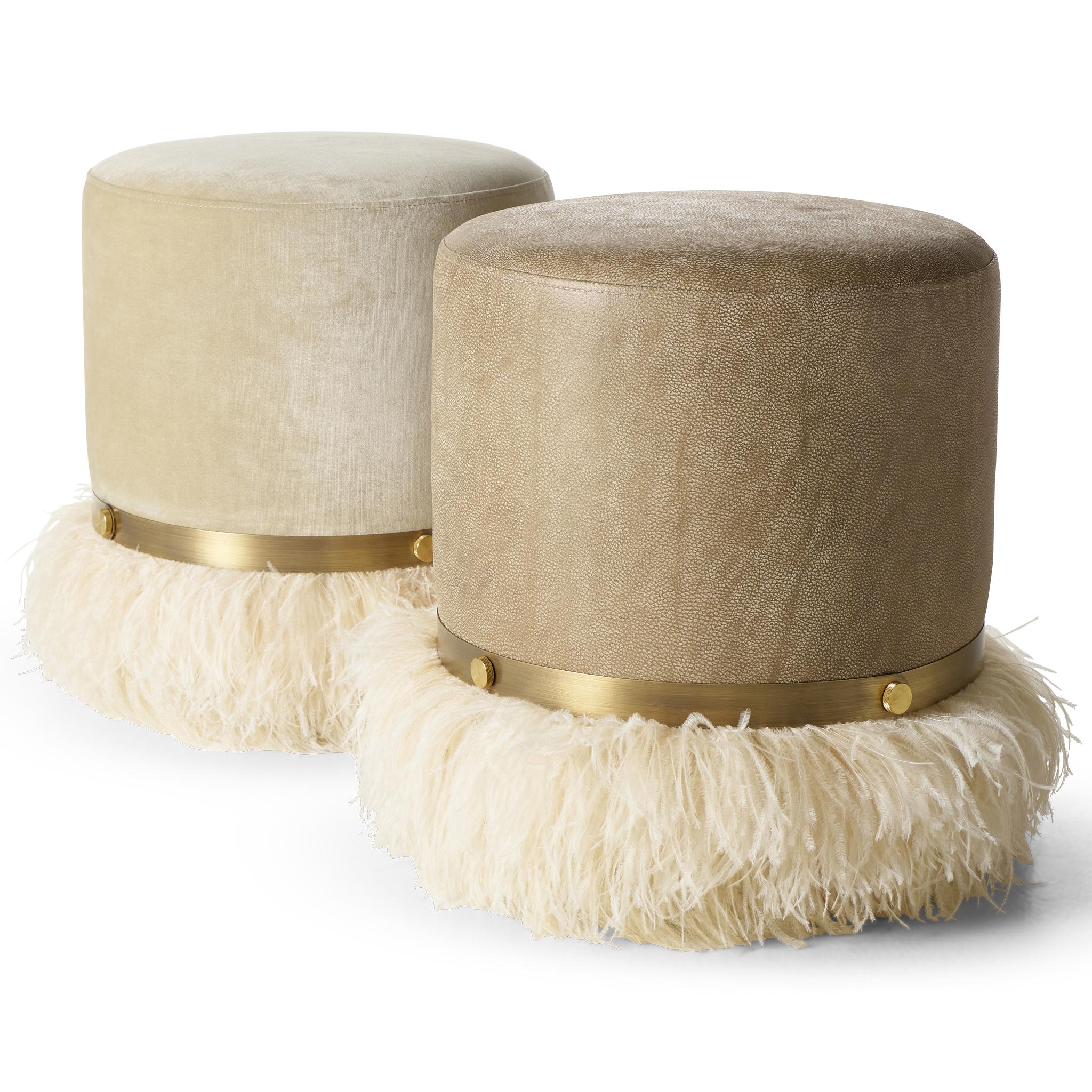 Ostrich Fluff Cream 450 Diameter Leather Pouf By Egg Designs In New Condition For Sale In Bothas Hill, KZN