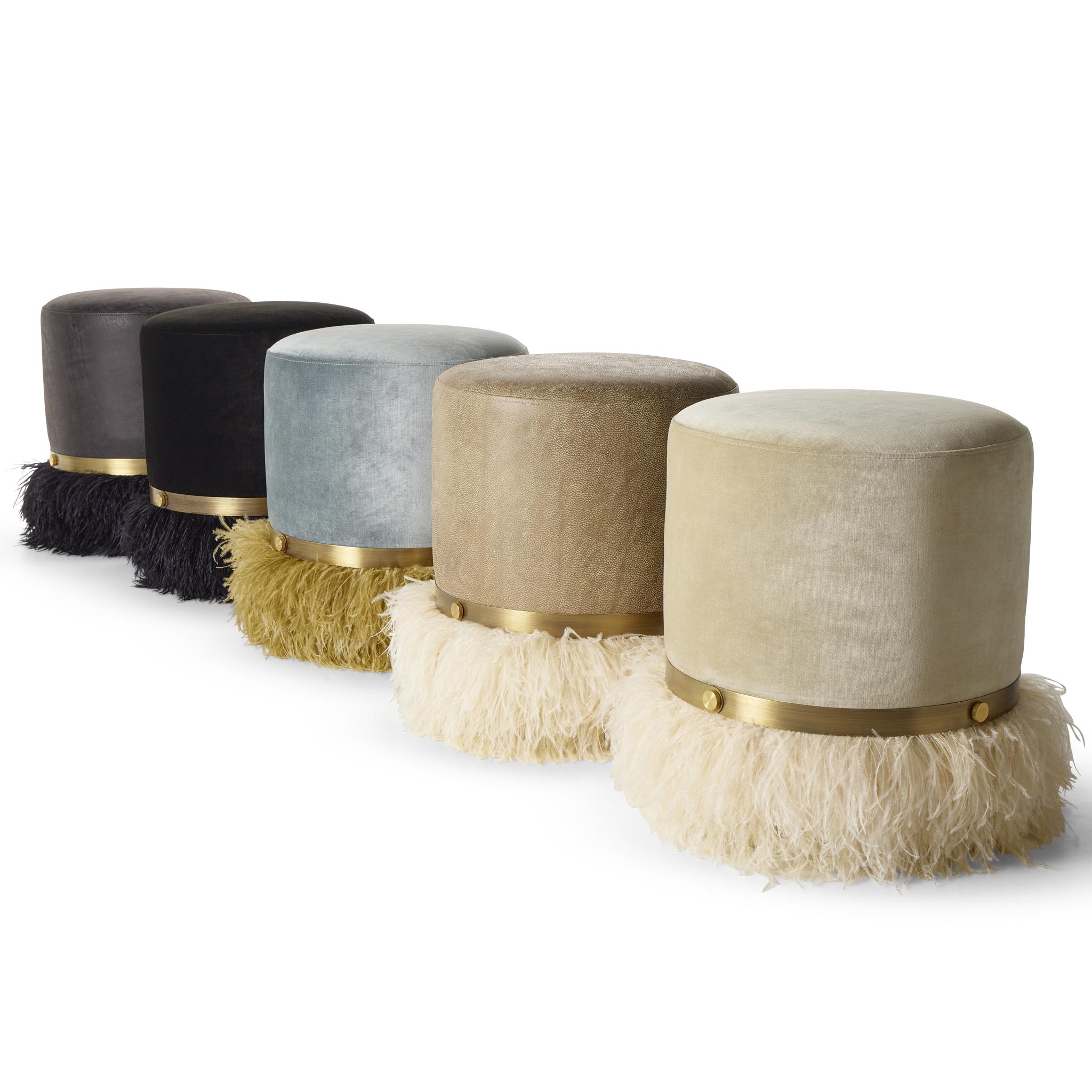Contemporary Ostrich Fluff Cream 450 Diameter Leather Pouf By Egg Designs For Sale