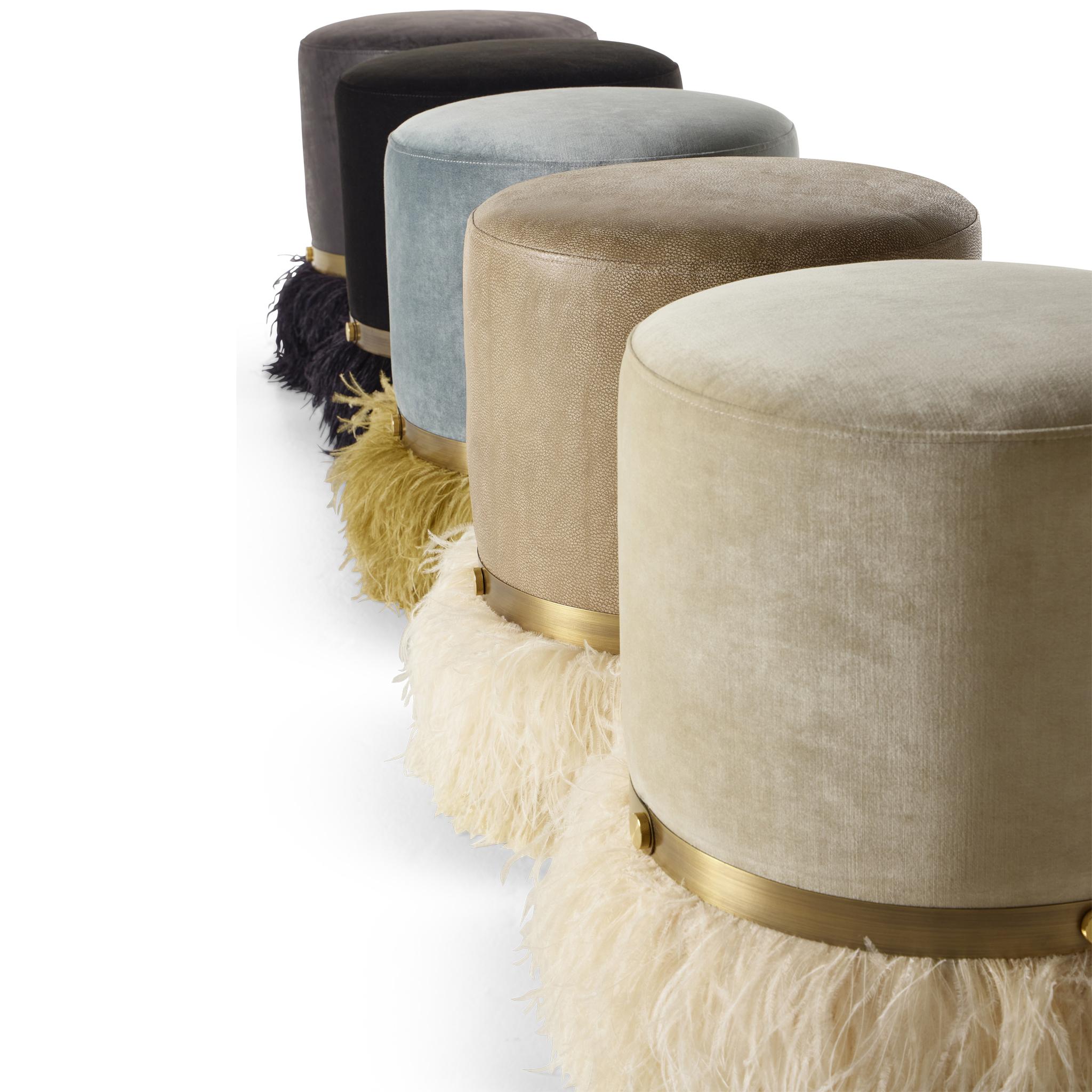 Brass Ostrich Fluff Cream 450 Diameter Velvet Pouf By Egg Designs For Sale
