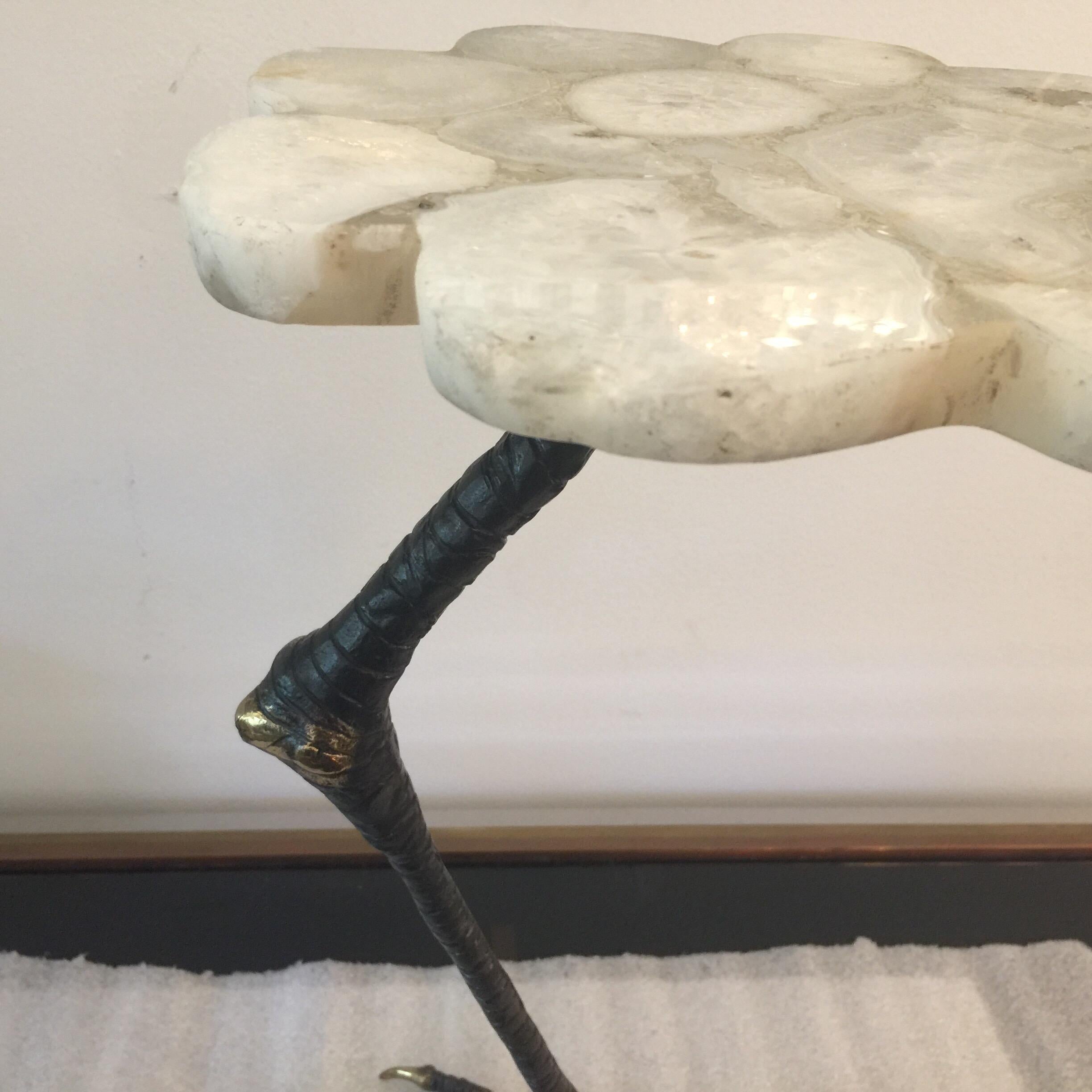 Beyond fun and whimsical - this bronze ostrich style leg topped with white chunky agate slices is extremely sturdy and appropriate for drinks or tea! Exceptional additional side table to fit anywhere!