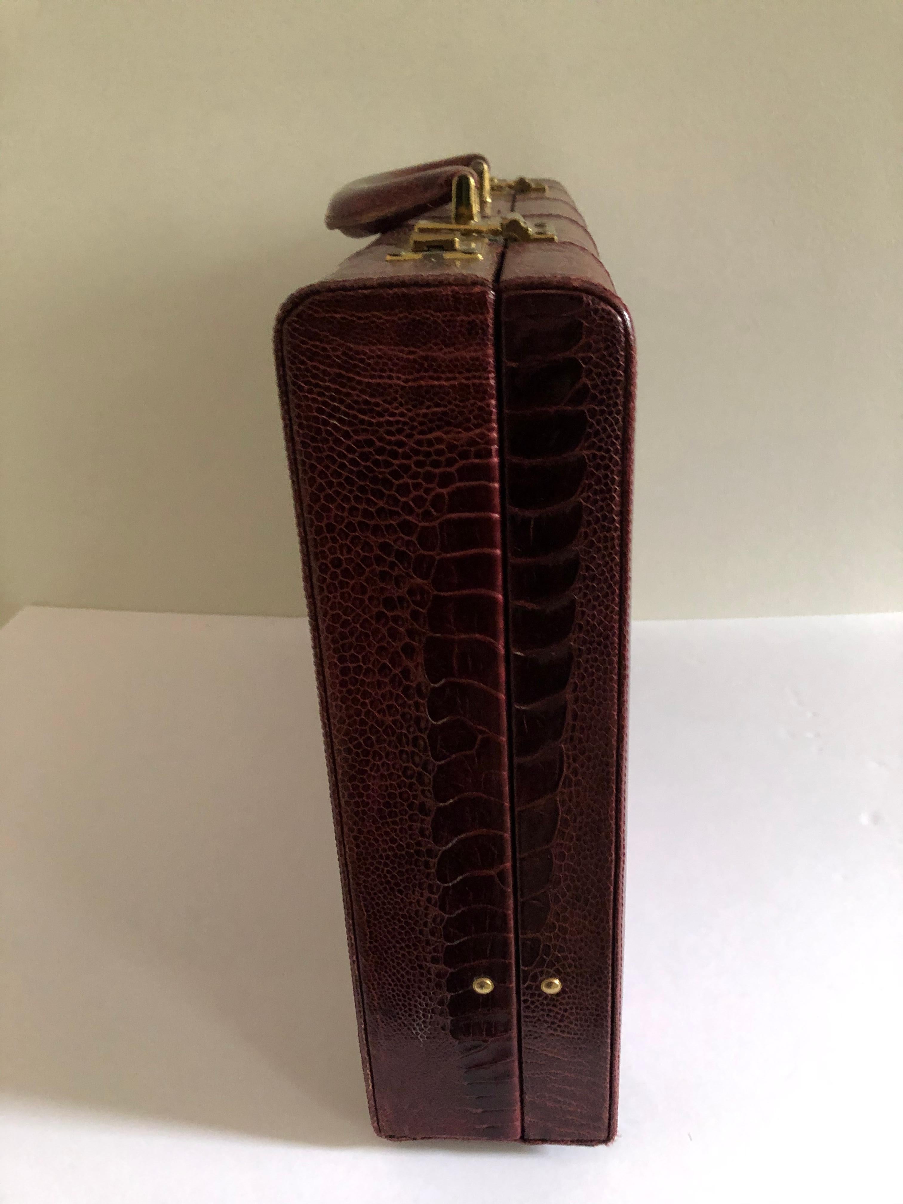 20th Century Ostrich Skin Men's Briefcase /Attaché Vintage Burgundy Suede Interior For Sale