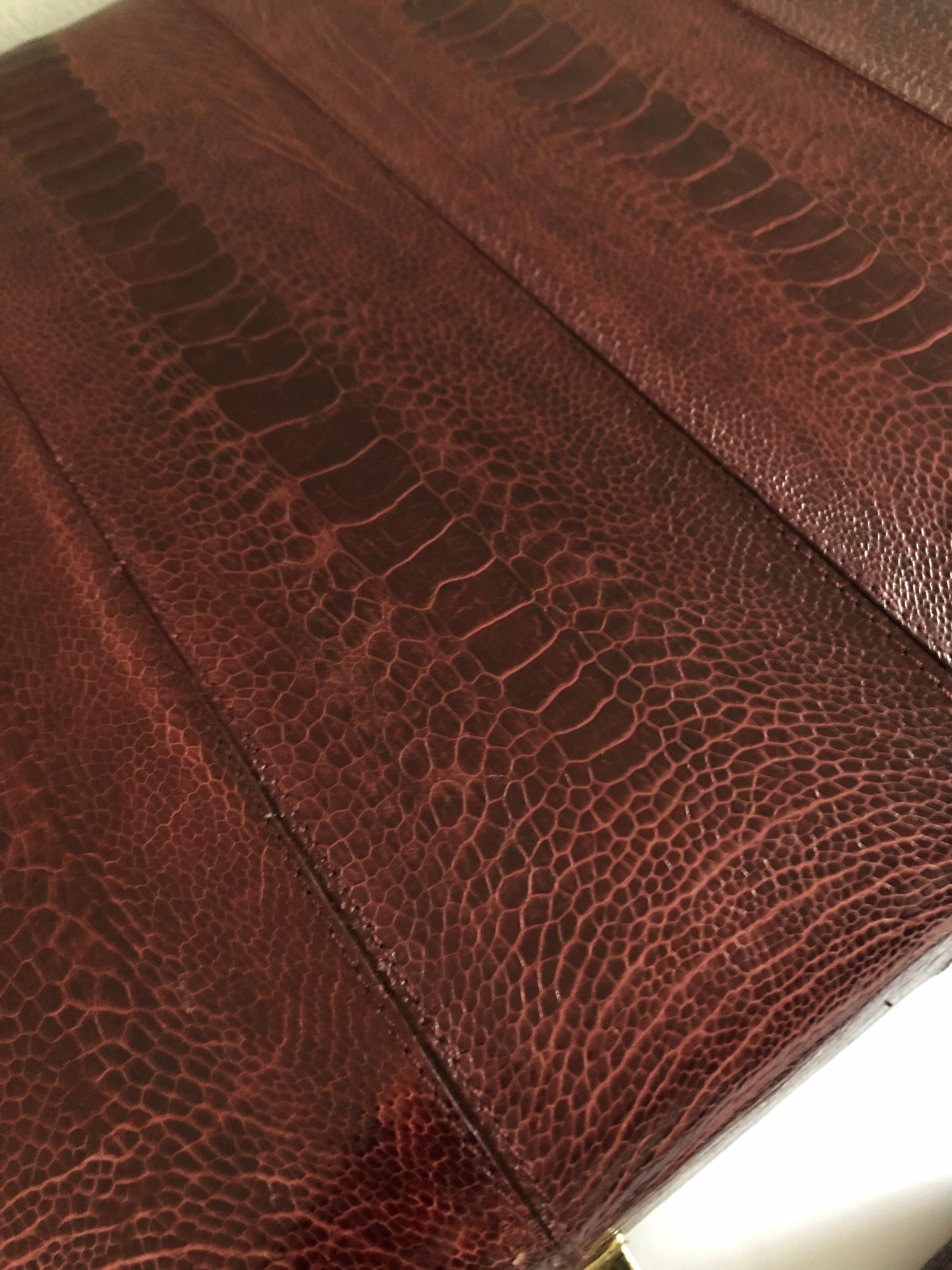 Ostrich Leather Ostrich Skin Men's Briefcase /Attaché Vintage Burgundy Suede Interior For Sale
