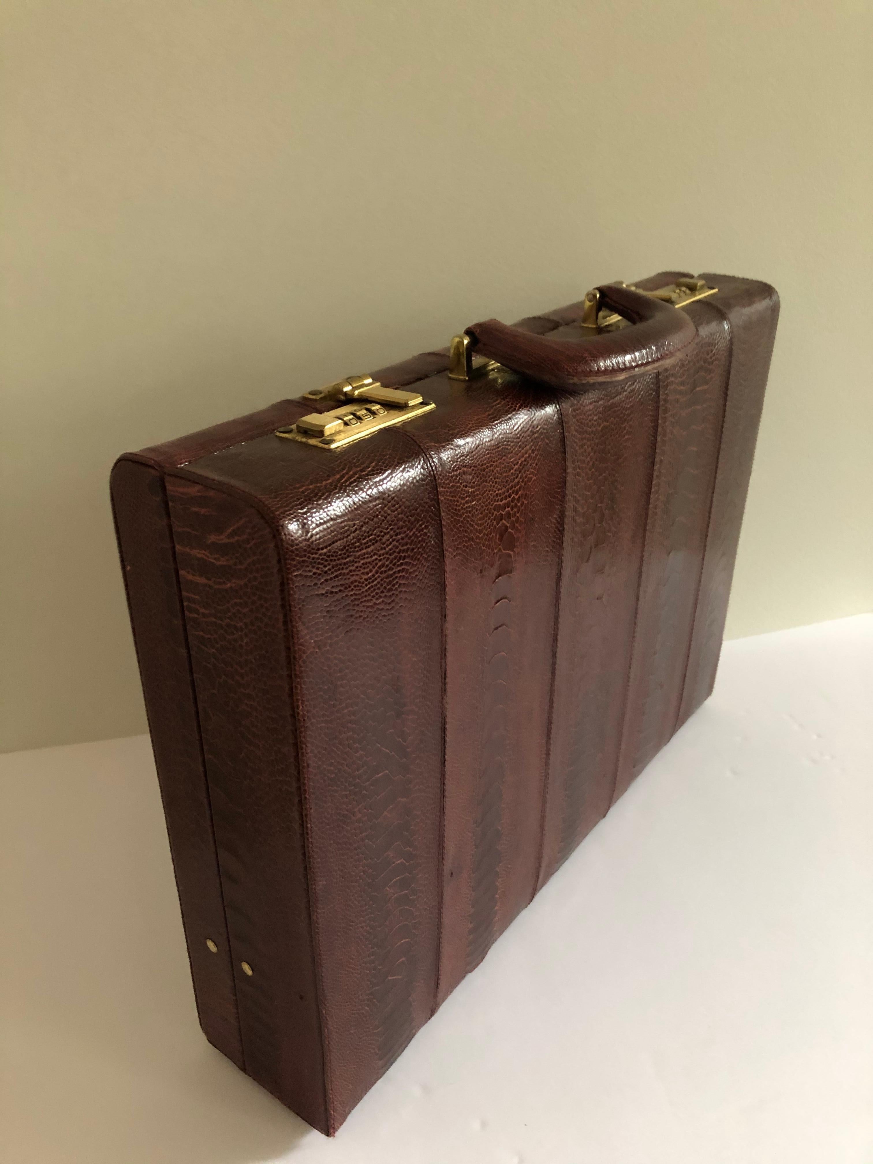 Italian Ostrich Skin Men's Briefcase /Attaché Vintage Burgundy Suede Interior For Sale