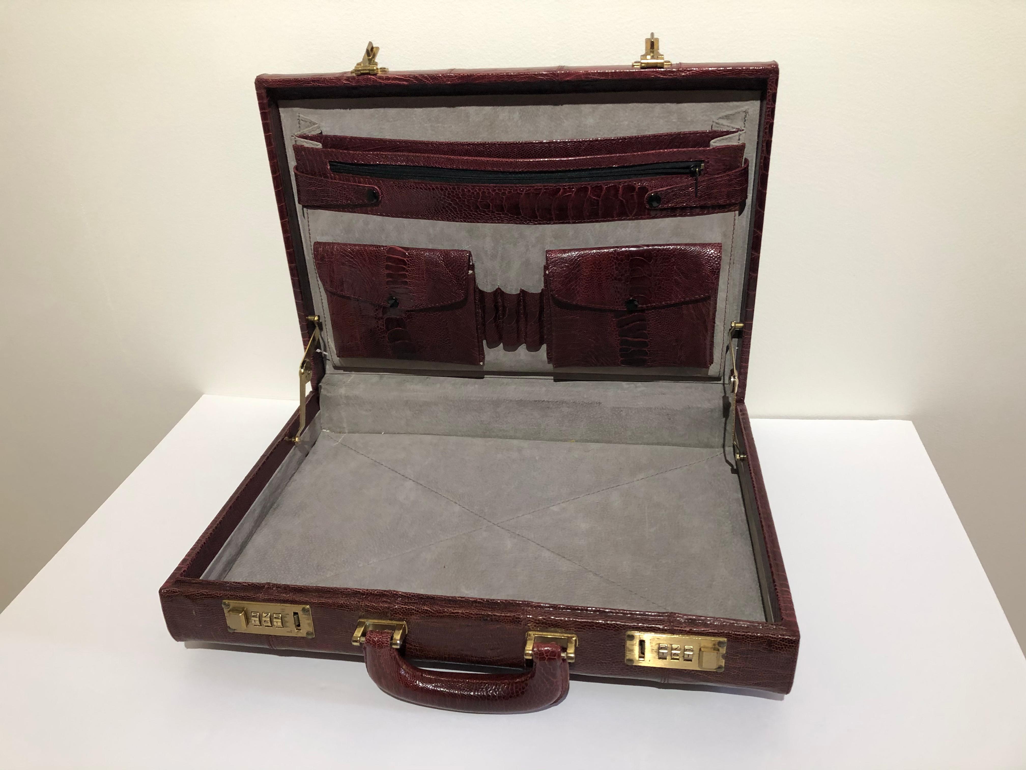 Burnished Ostrich Skin Men's Briefcase /Attaché Vintage Burgundy Suede Interior For Sale