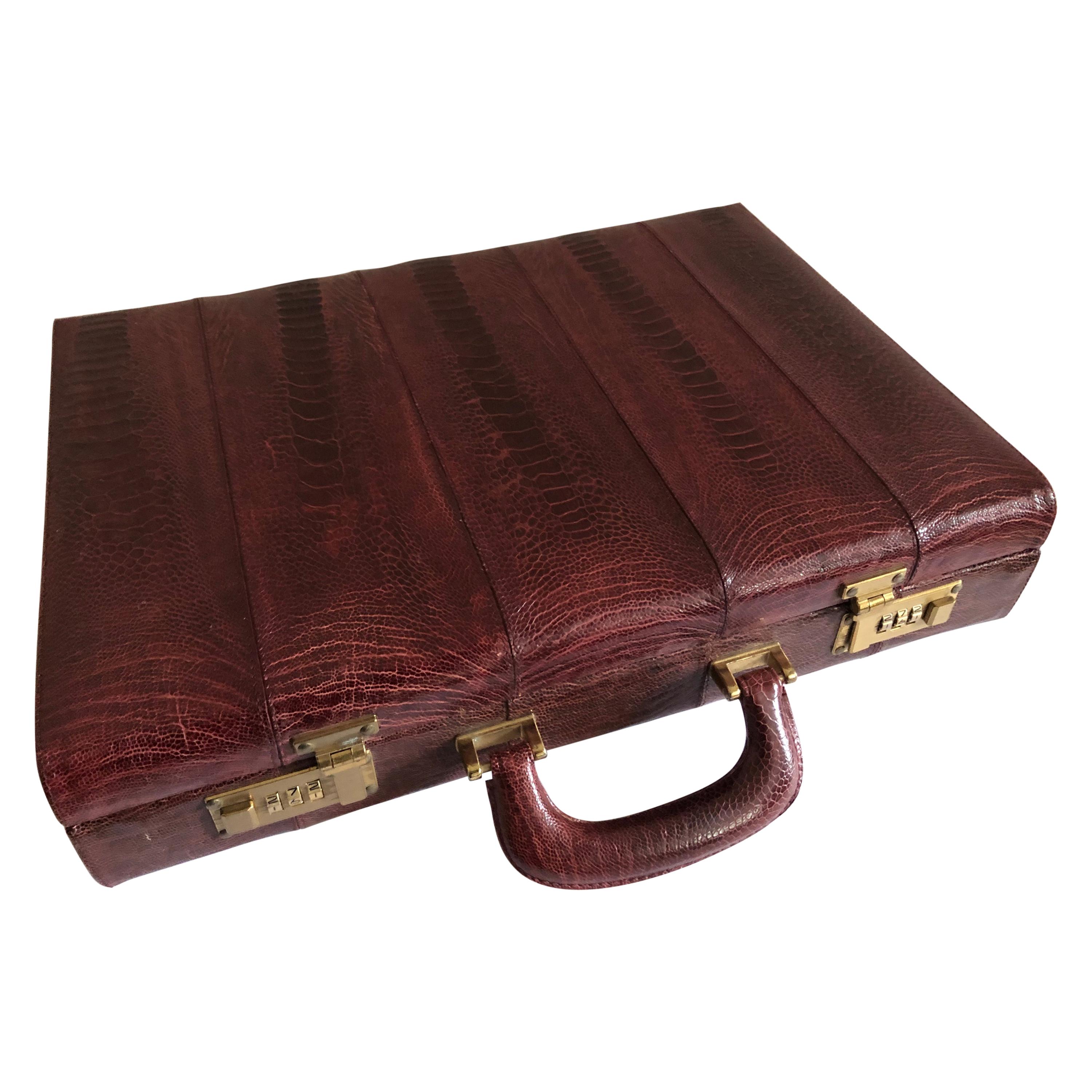 Ostrich Skin Men's Briefcase /Attaché Vintage Burgundy Suede Interior For Sale
