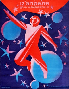 Original Vintage Poster Cosmonautics Day 12 April USSR Space Exploration Gagarin