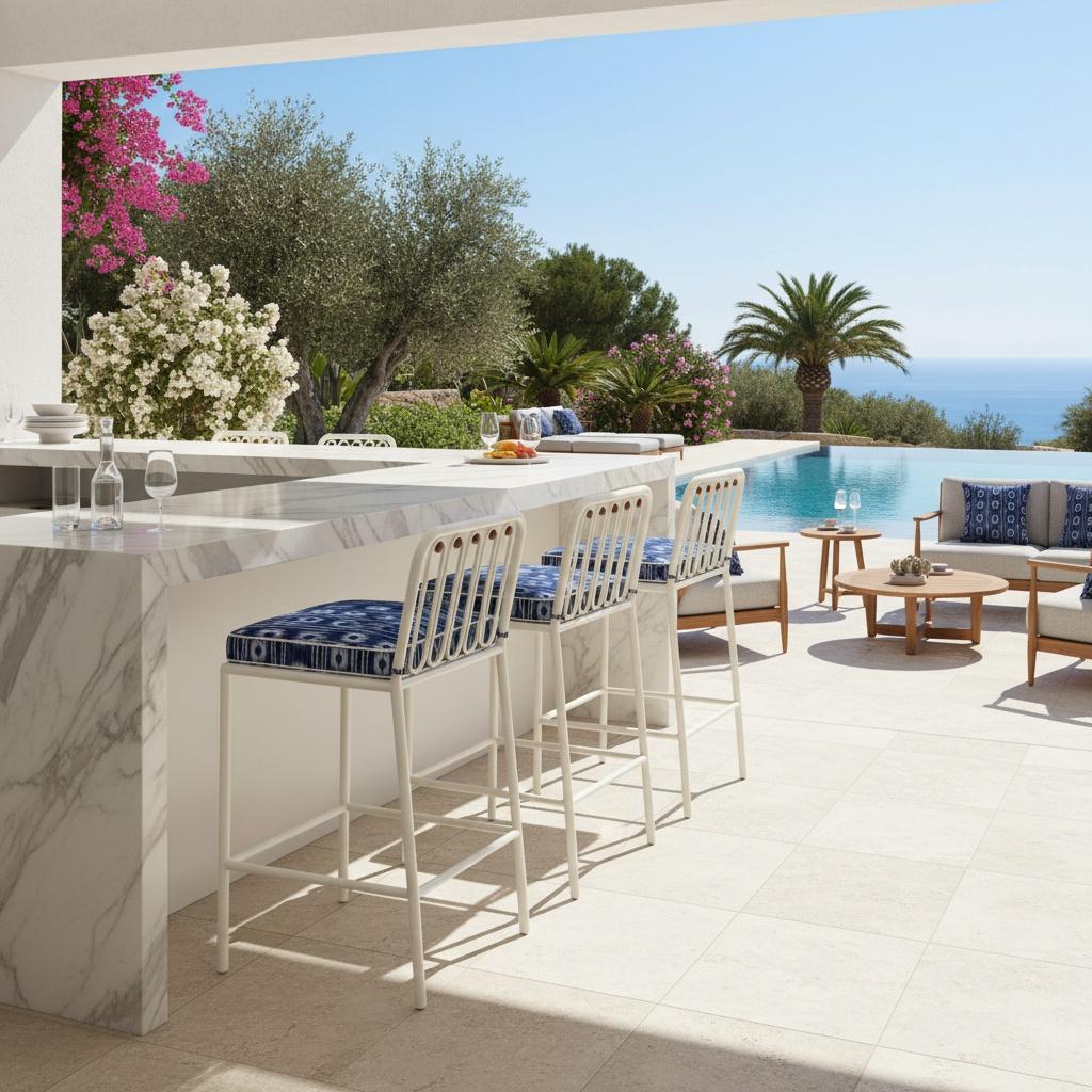 Der Ostuni Bar Chair, der in Zusammenarbeit mit Mediterrazza entstanden ist, verbindet mediterranen Charme mit modernem Design. Aus lackiertem Metall für den Außenbereich gefertigt und mit dezenten Details aus Iroko-Holz veredelt, bietet er ein