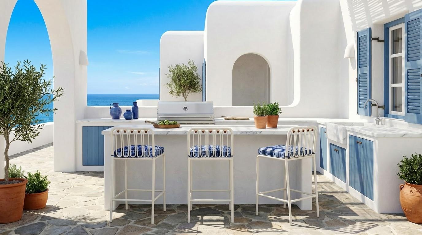 Contemporary Ostuni Outdoor Bar Chair in Lacquered Metal with Iroko Wood Detail For Sale