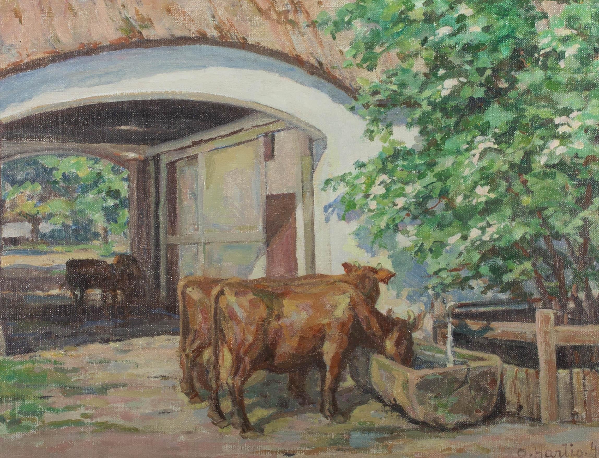 This summer scene depicts cows drinking from a sunlit trough near a large stone barn. Hartig's expressive brush strokes brings attention to the bright sun reflecting from the cows and trees in this idyllic country setting. Signed and dated in the