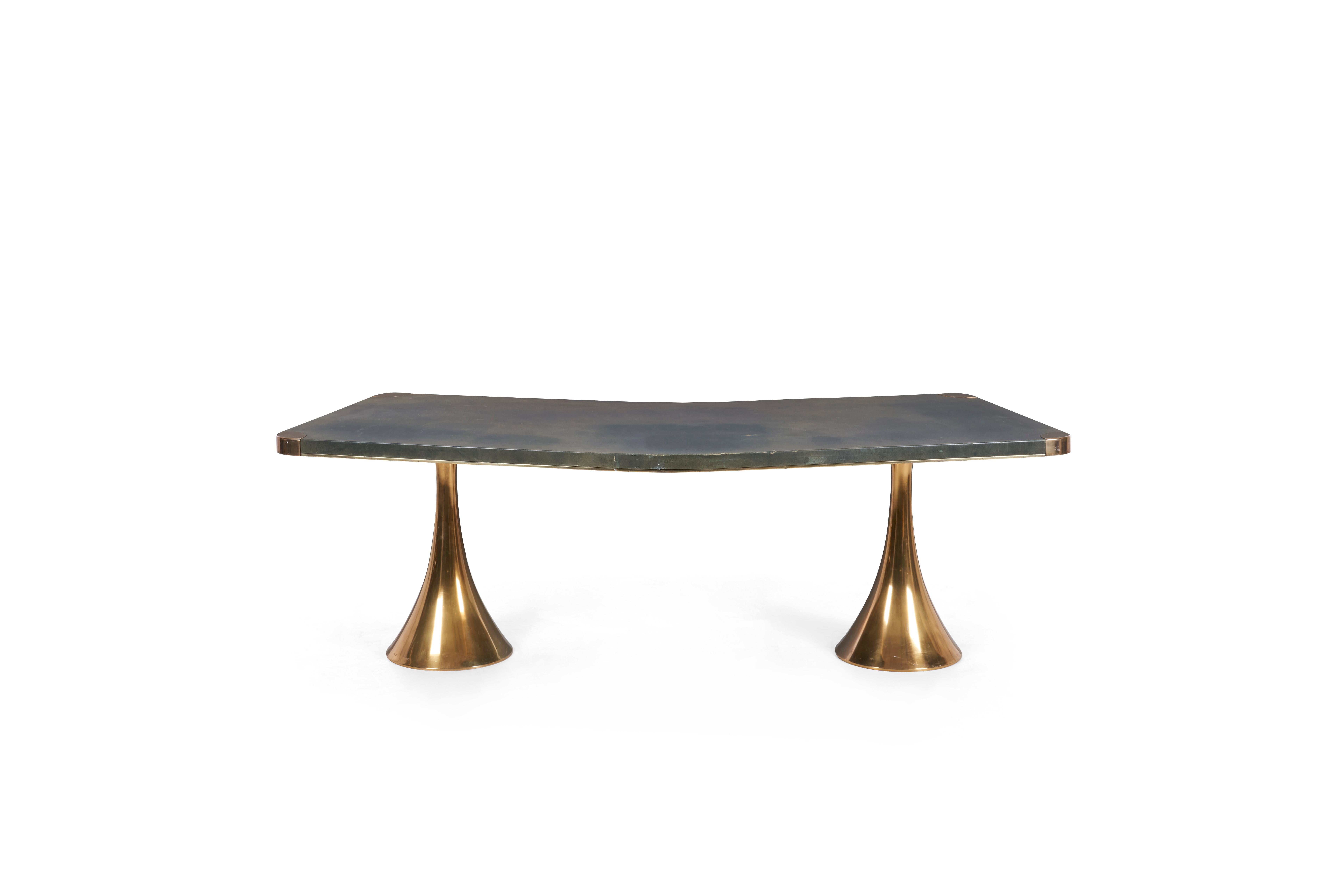 Osvaldo and Valeria Borsani unique desk for Tecno, Italy: leather, wood, solid brass. 
This desk is an excellent example of elite Italian design and craftsmanship. 
Commissioned for Joseph James Akston, La Rounda House 
Palm Beach,