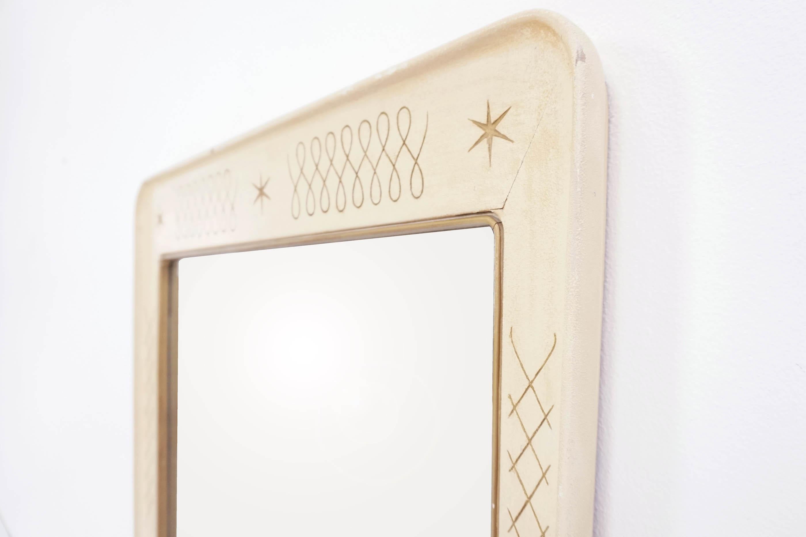 Italian Osvaldo Borsani, Atelier Mirror 1950, Turned Lacqued Wood with Engraved Stars For Sale