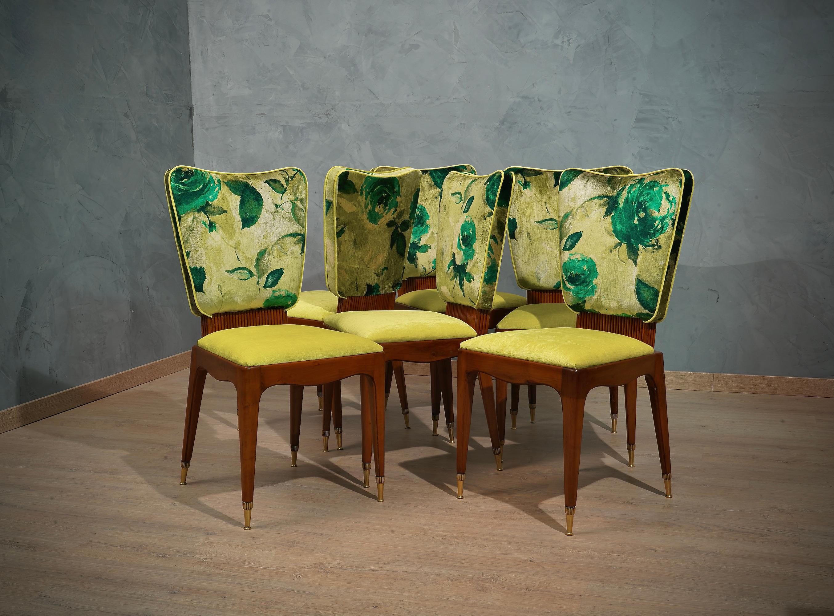 Osvaldo Borsani Attributed Cherry Wood and Floral Fabric Six Chairs, 1950 6
