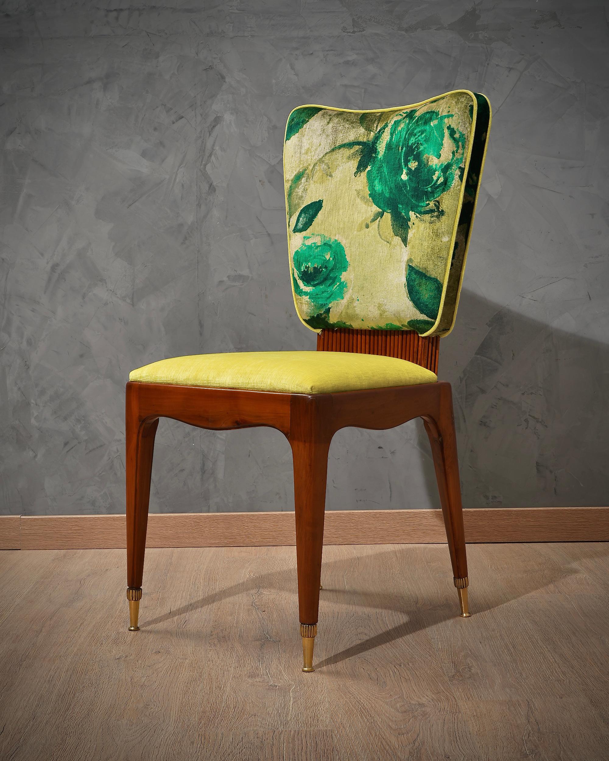 Mid-Century Modern Osvaldo Borsani Attributed Cherry Wood and Floral Fabric Six Chairs, 1950 For Sale