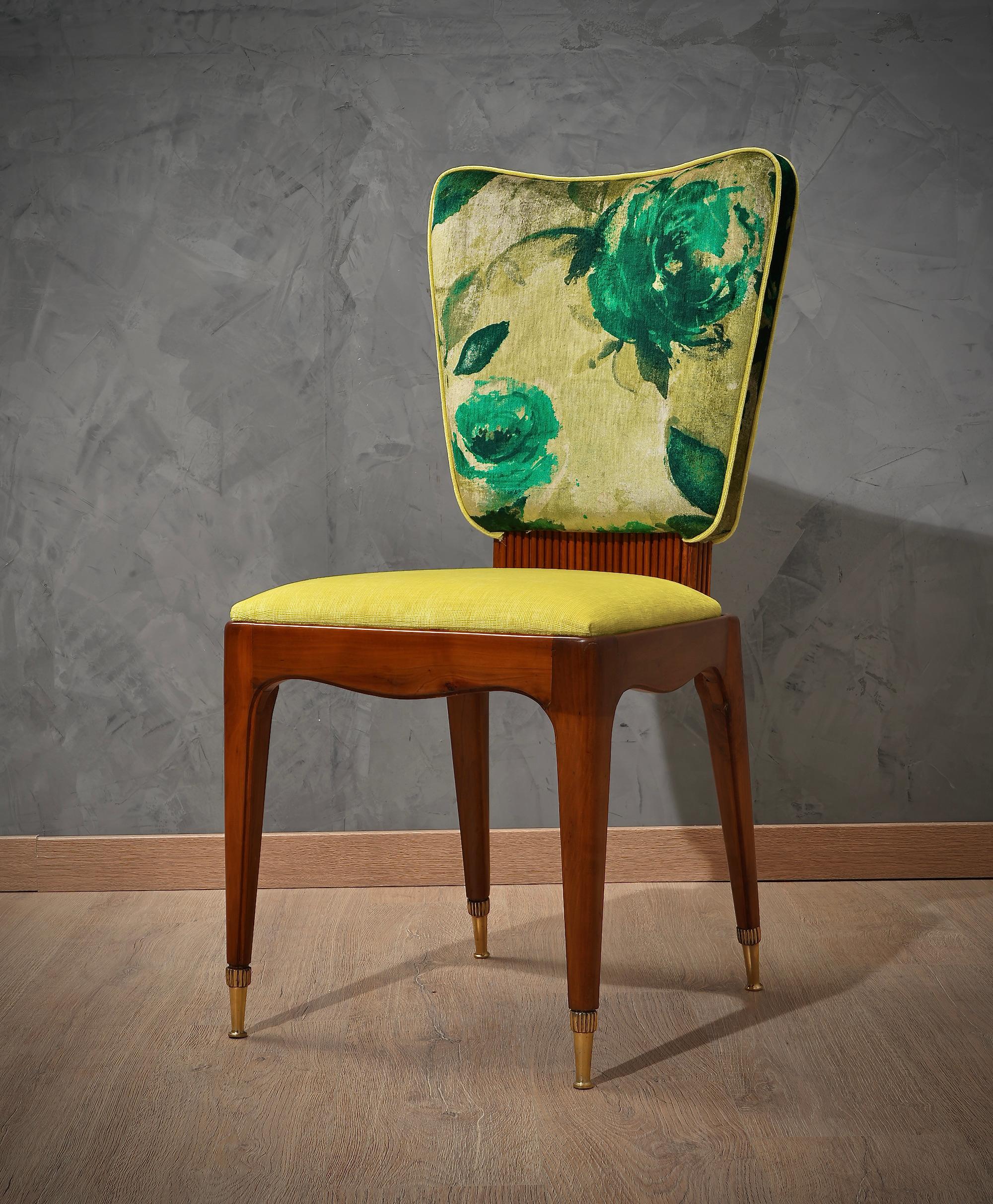 Italian Osvaldo Borsani Attributed Cherry Wood and Floral Fabric Six Chairs, 1950 For Sale