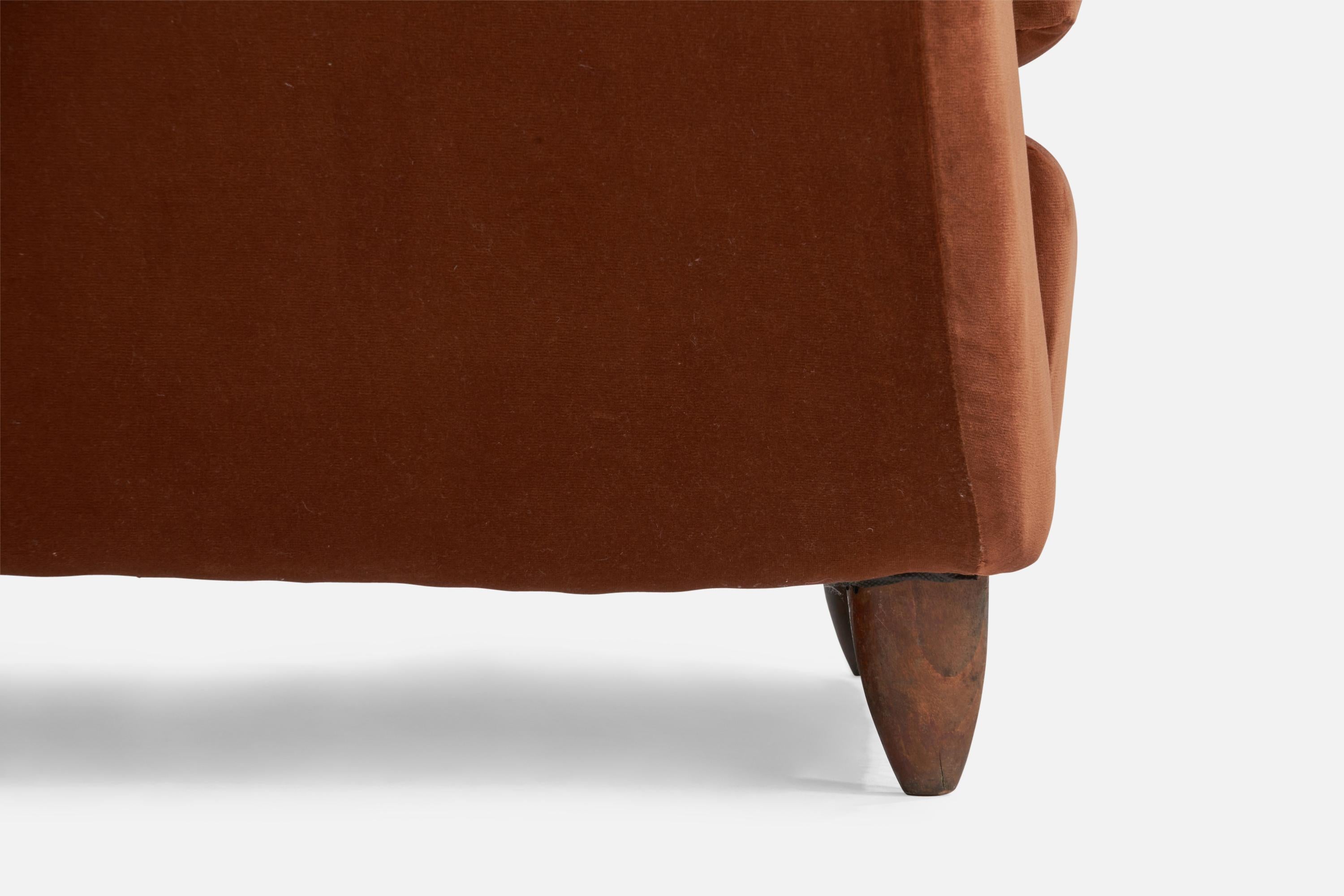 Fabric Osvaldo Borsani Attribution, Lounge Chairs, Wood, Velvet, Italy, 1940s For Sale