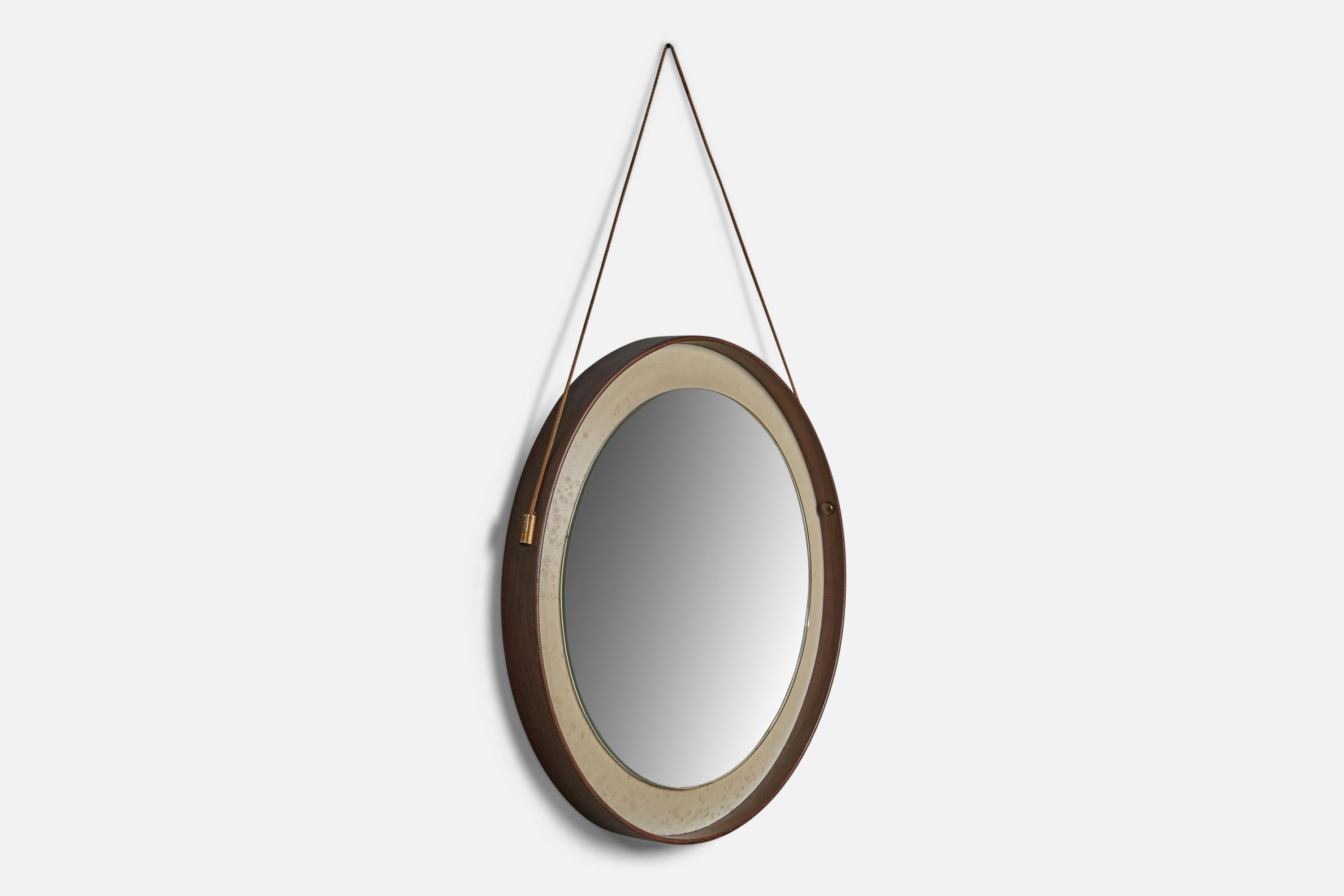A round walnut, white vinyl, copper and cord wall mirror attributed to Osvaldo Borsani, Tecno, Italy, 1950s.