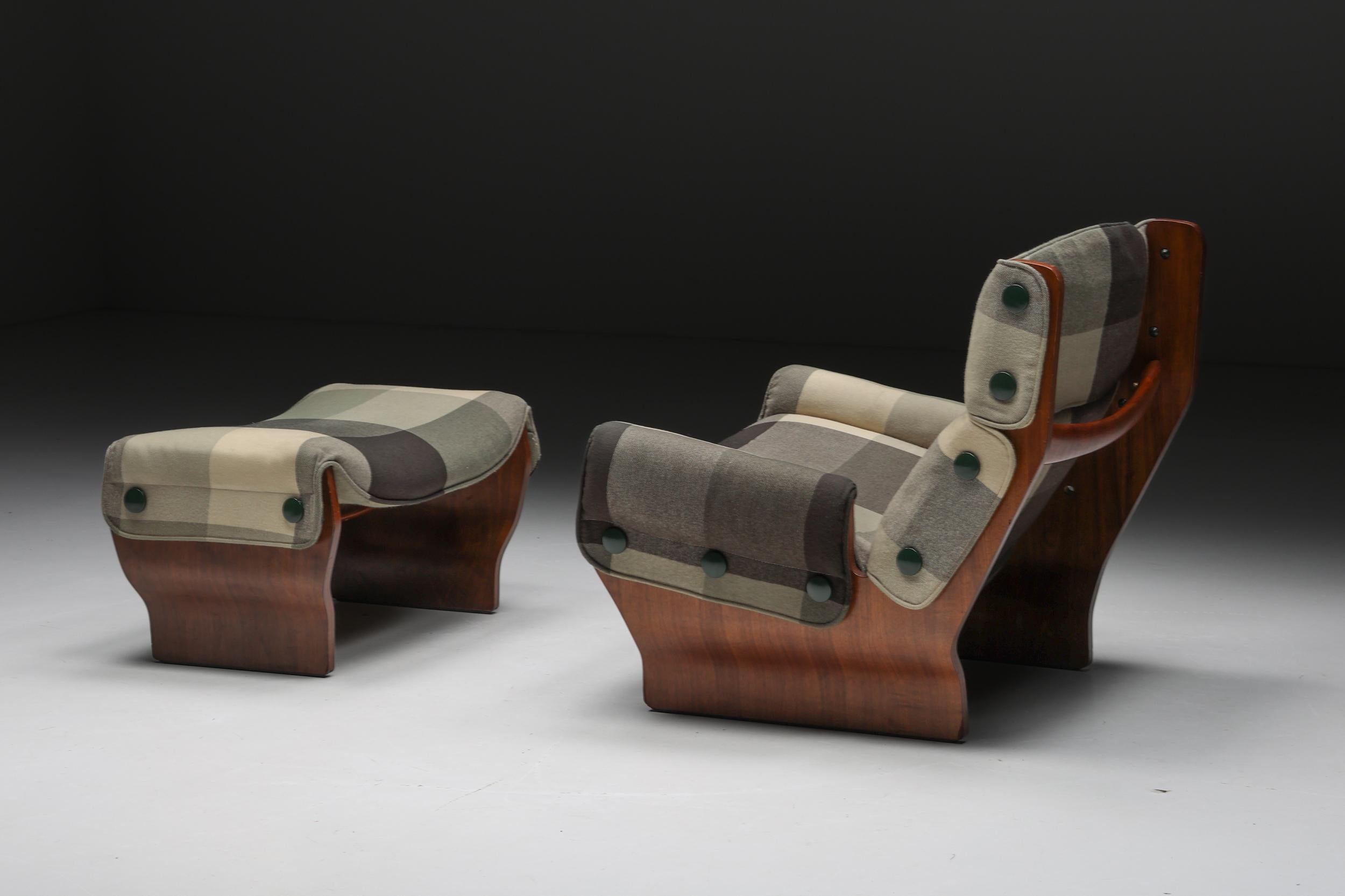 Italian Design; Osvaldo Borsani; Tecno; 1960s; 1965; Italy; Midcentury Modern; Plywood; Lounge chair; Ottoman; 

P110 Canada lounge chair with Ottoman, an exemplar of design ingenuity by Osvaldo Borsani for Tecno in 1965. This exceptionally