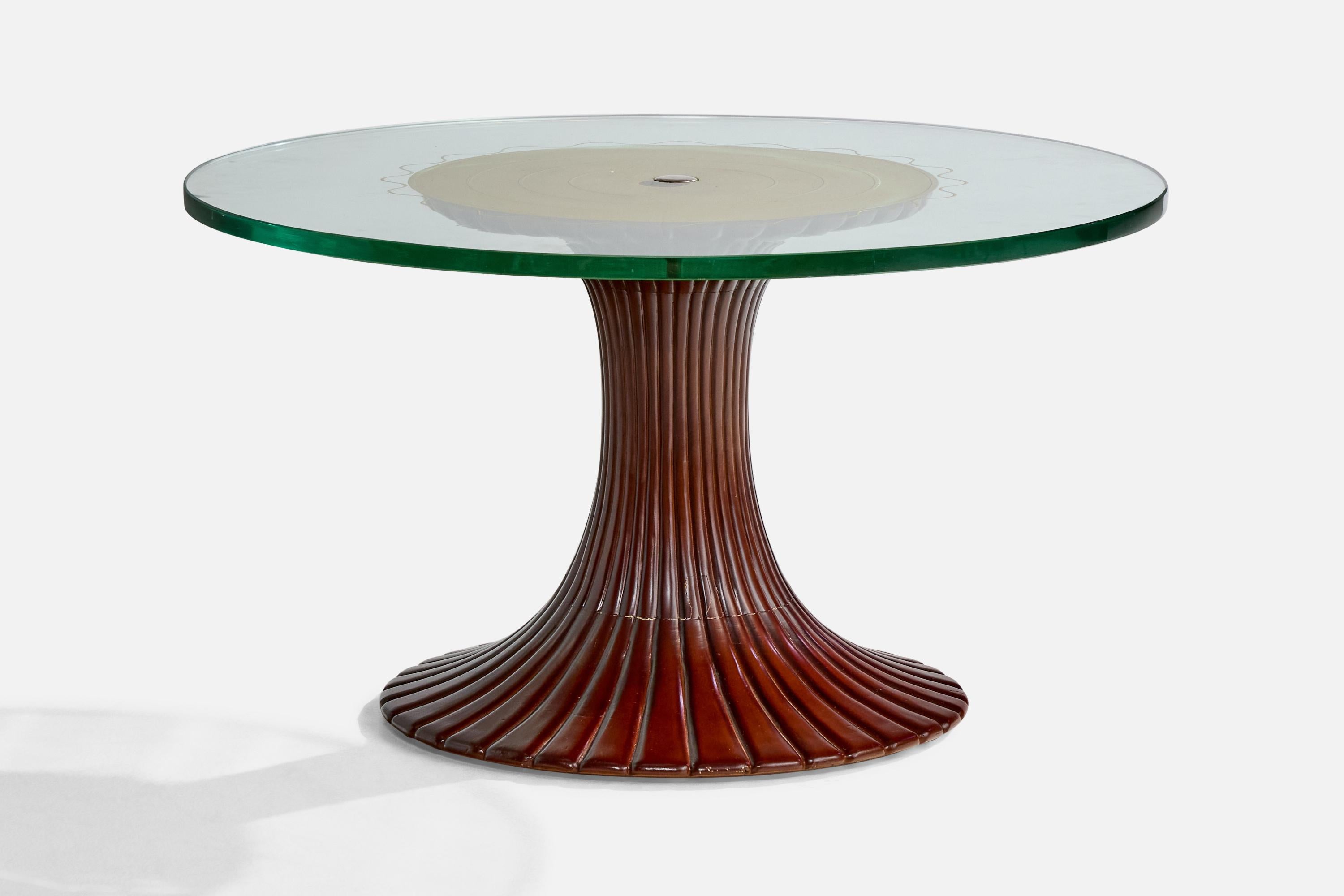 A mahogany, glass, metal and gold-leaf coffee table or side table designed and produced by Osvaldo Borsani, Italy, c. 1940s.

Recognized by Archivio Osvaldo Borsani under reference number variation of 6542. With digital copy of the letter of