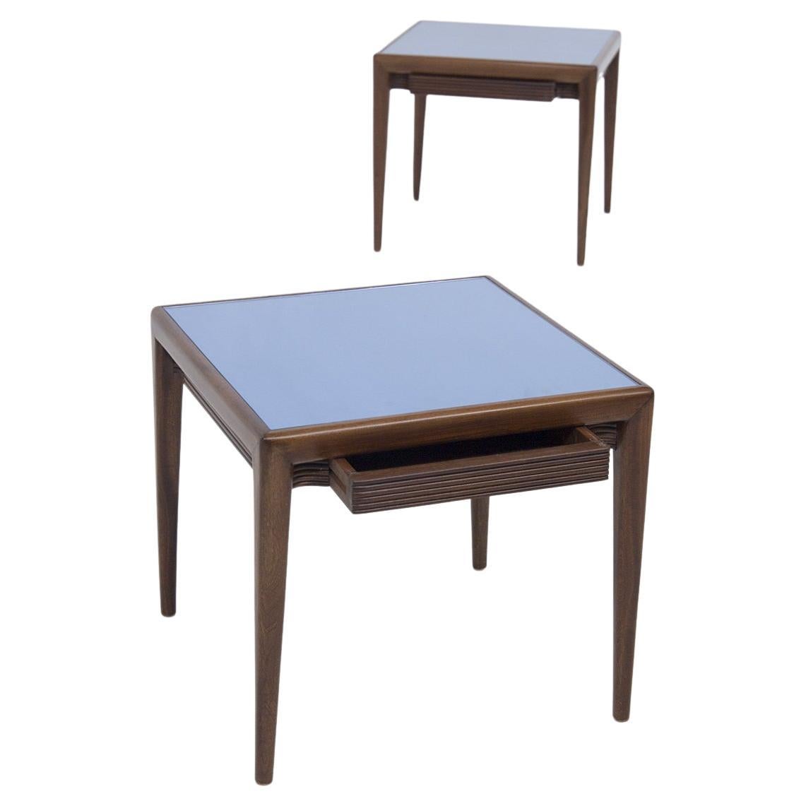 Osvaldo Borsani Coffee Tables in Wood and Blue Mirror