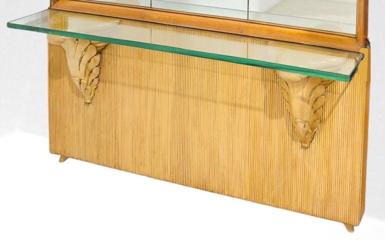 Large wooden console table with glass shelf and large mirror. Prod. Borsani Furniture Varedo, Italy. Ca.1950's