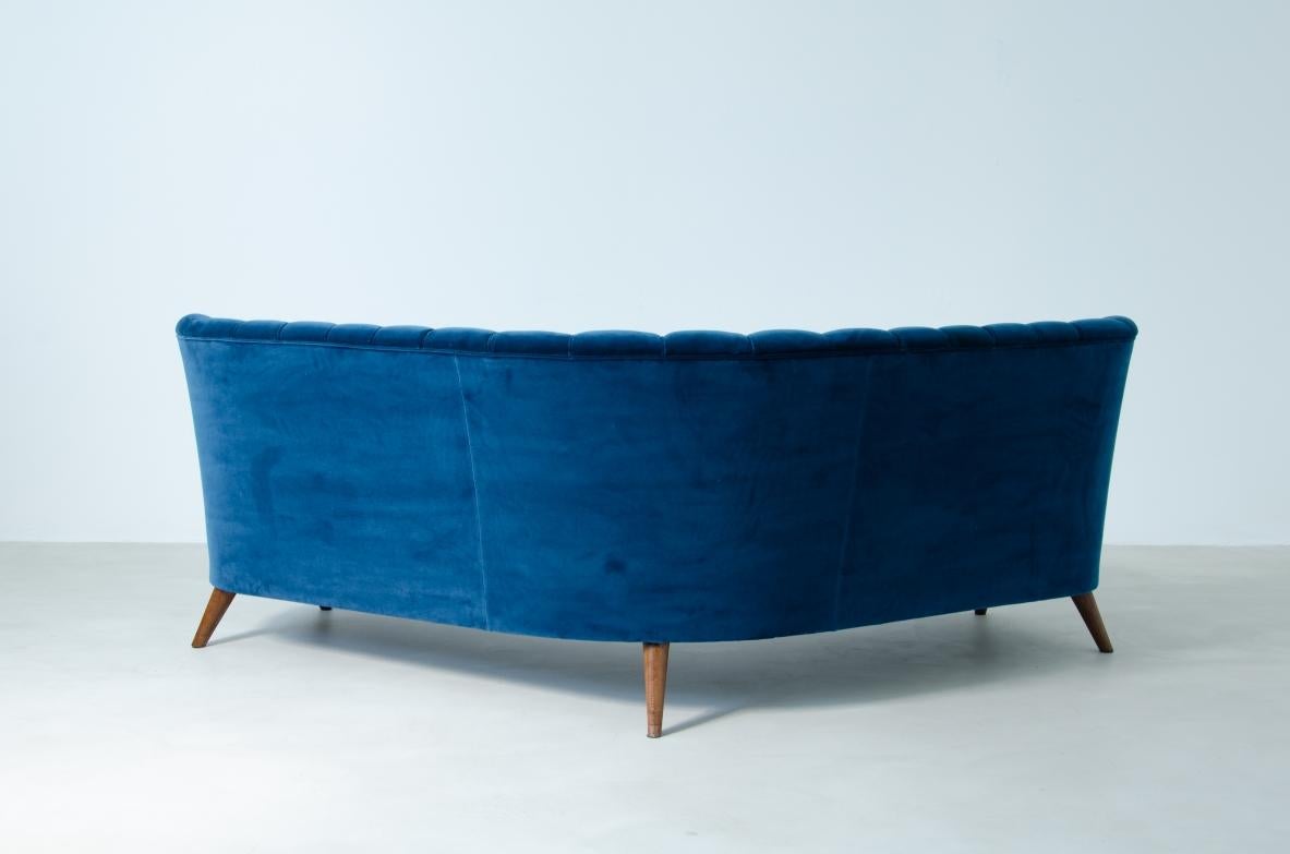 Italian Osvaldo Borsani Corner Sofa Upholstered in Blue Velvet  For Sale