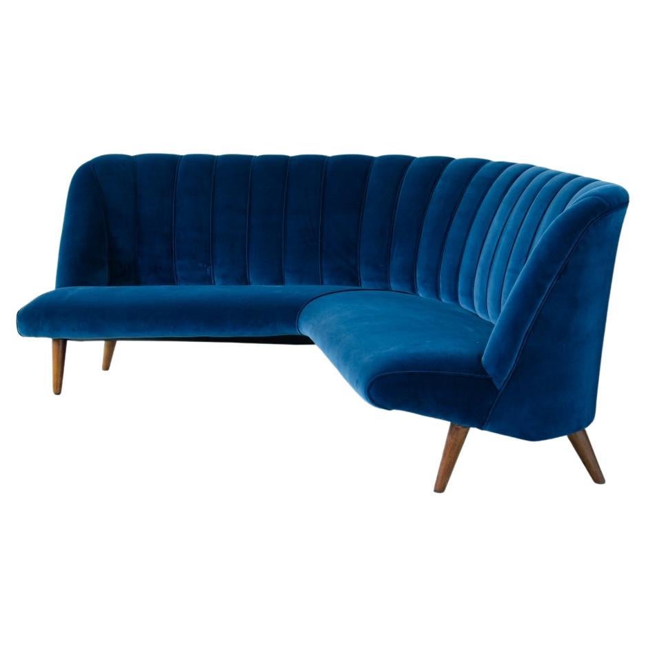 Osvaldo Borsani Corner Sofa Upholstered in Blue Velvet  For Sale