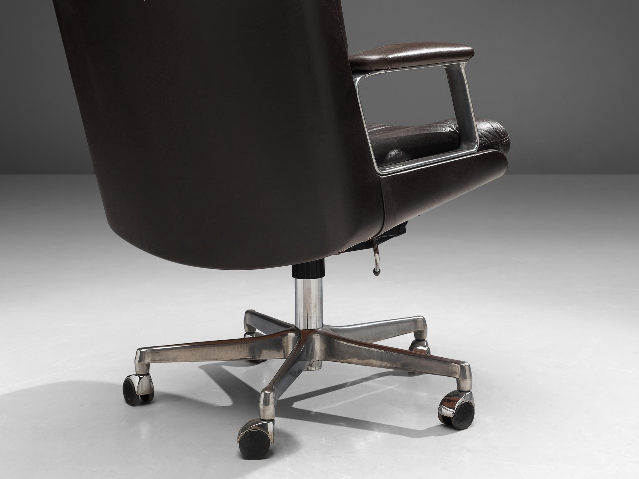 Metal Osvaldo Borsani Desk Chair in Dark Brown Leather