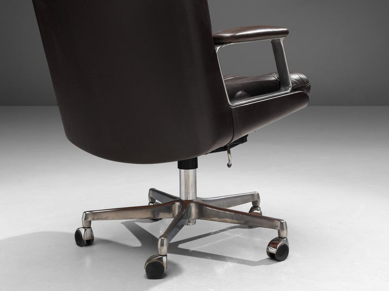 Metal Osvaldo Borsani Desk Chair in Dark Brown Leather For Sale