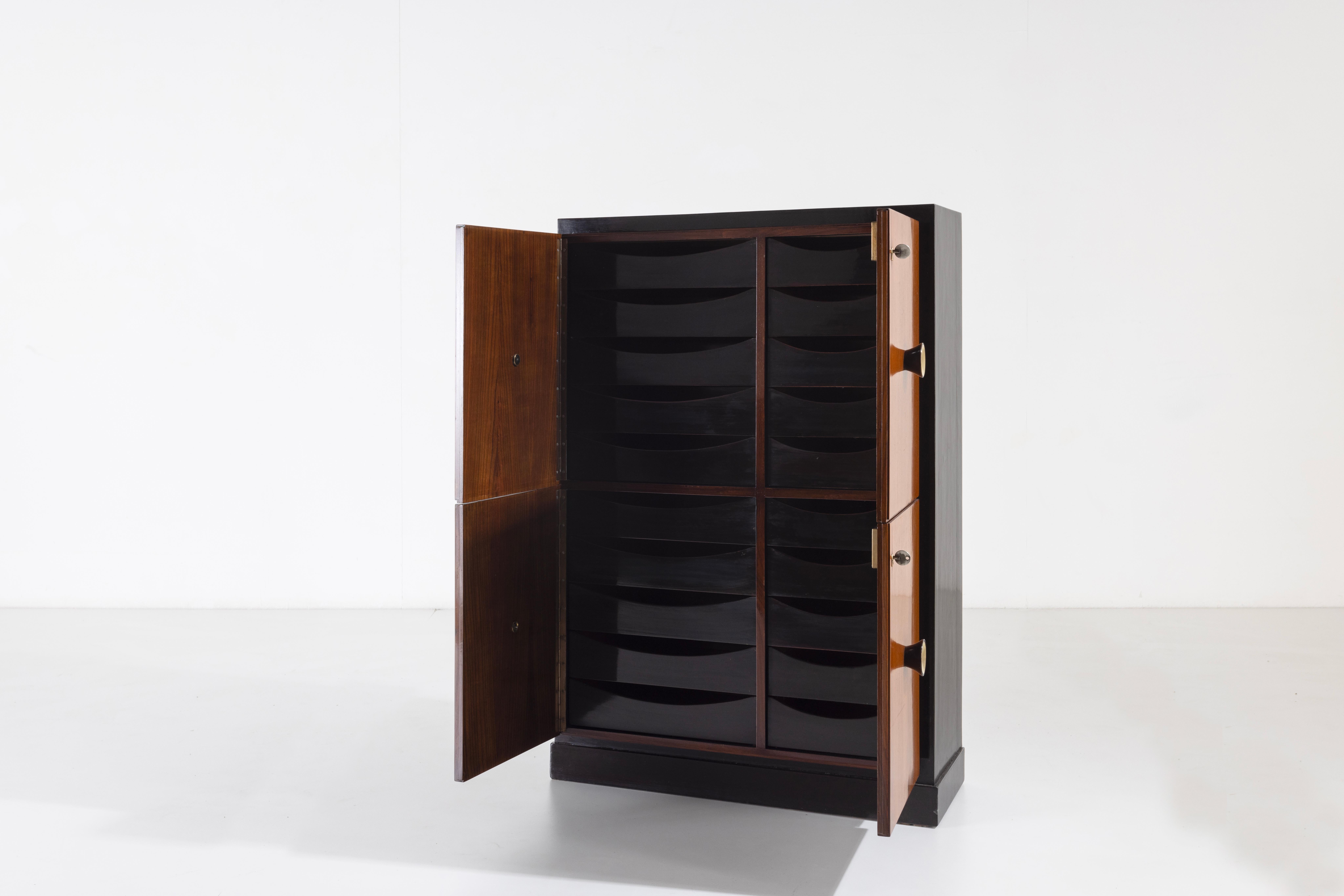 Brass Osvaldo Borsani Elegant wood storage unit and brass handles Italian design 50s