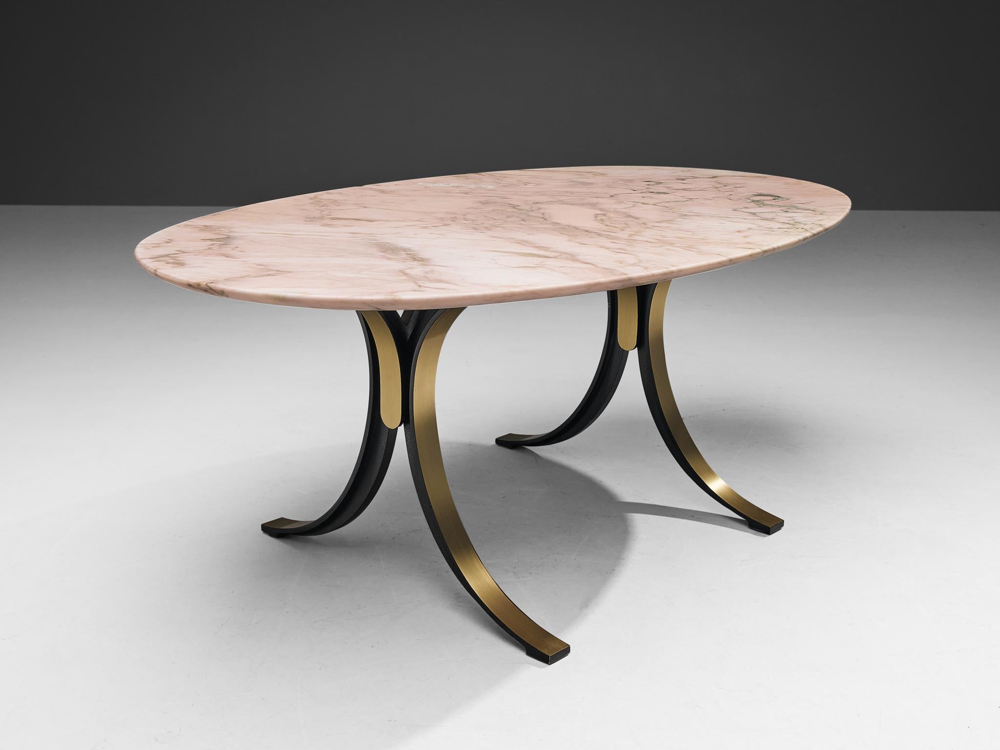 Osvaldo Borsani and Eugenio Gerli for Tecno, dining table 'T 102', lady onyx marble, brass-plated steel, Italy, 1968

This elegant pink is designed by Osvaldo Borsani and Eugenio Gerli for Tecno in the 1960s. The marble top shows amazing veins in