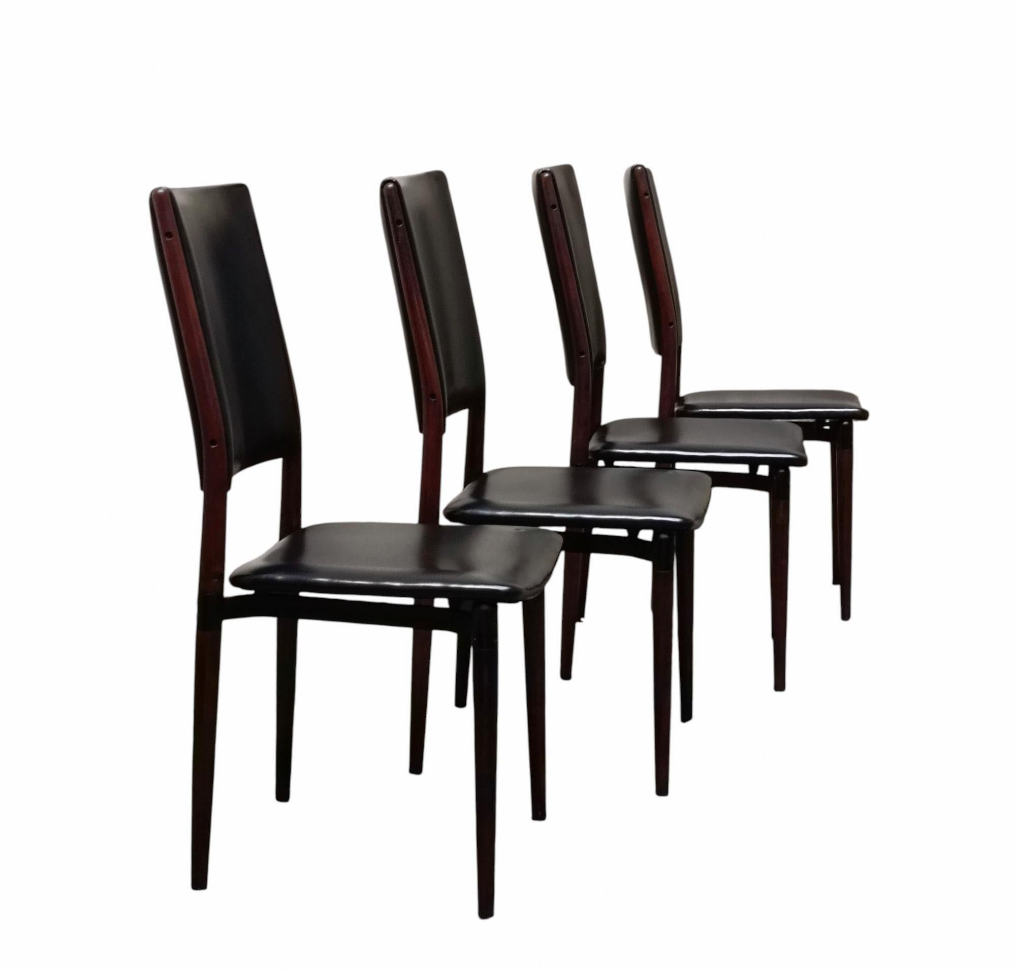 Set di quattro sedie da pranzo, modello S81, disegnate da Eugenio Gerli per Nero nel 1958, con struttura in legno e alluminio pressofuso e pelle di colore nero original dell'epoca.