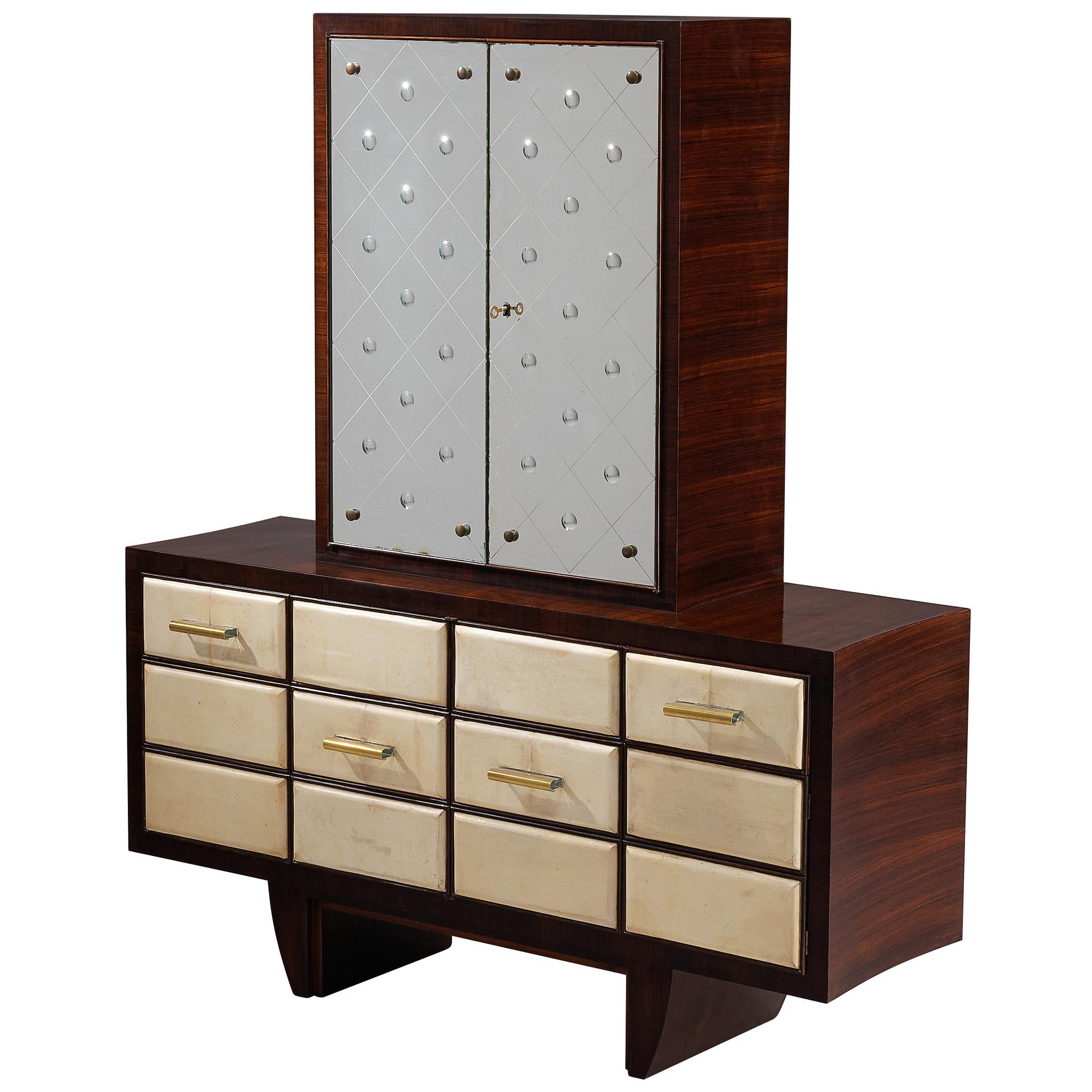 Osvaldo Borsani for ABV Cabinet in Wood, Parchment with Mirrored Doors For Sale