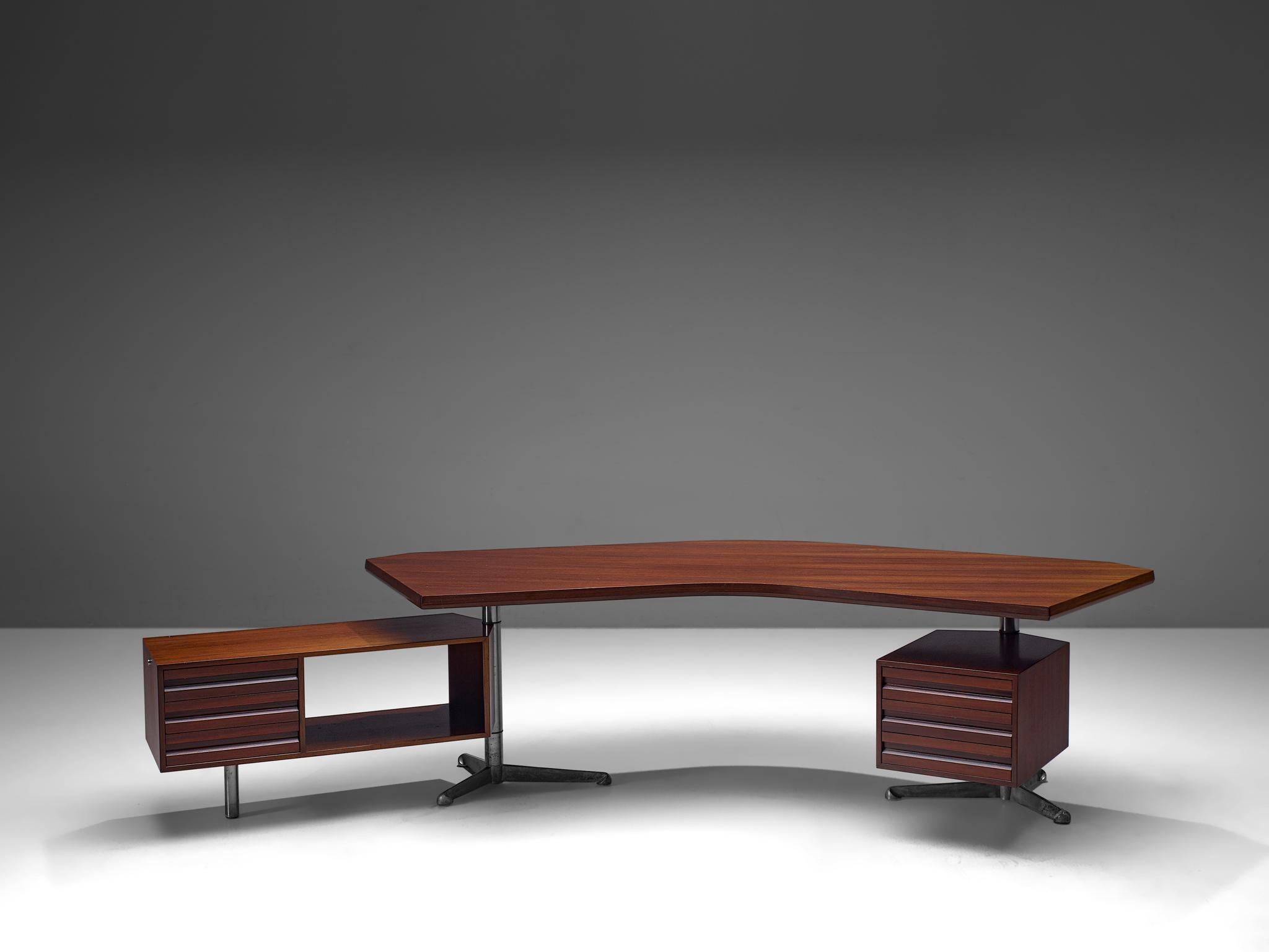 Osvaldo Borsani for Tecno, desk T-96 'Boomerang', rosewood, metal, Italy 1956.

This boomerang shaped desk is designed by Osvaldo Borsani. The two revolving cabinets are held in place by the characteristic stainless steel tripods. The top has the
