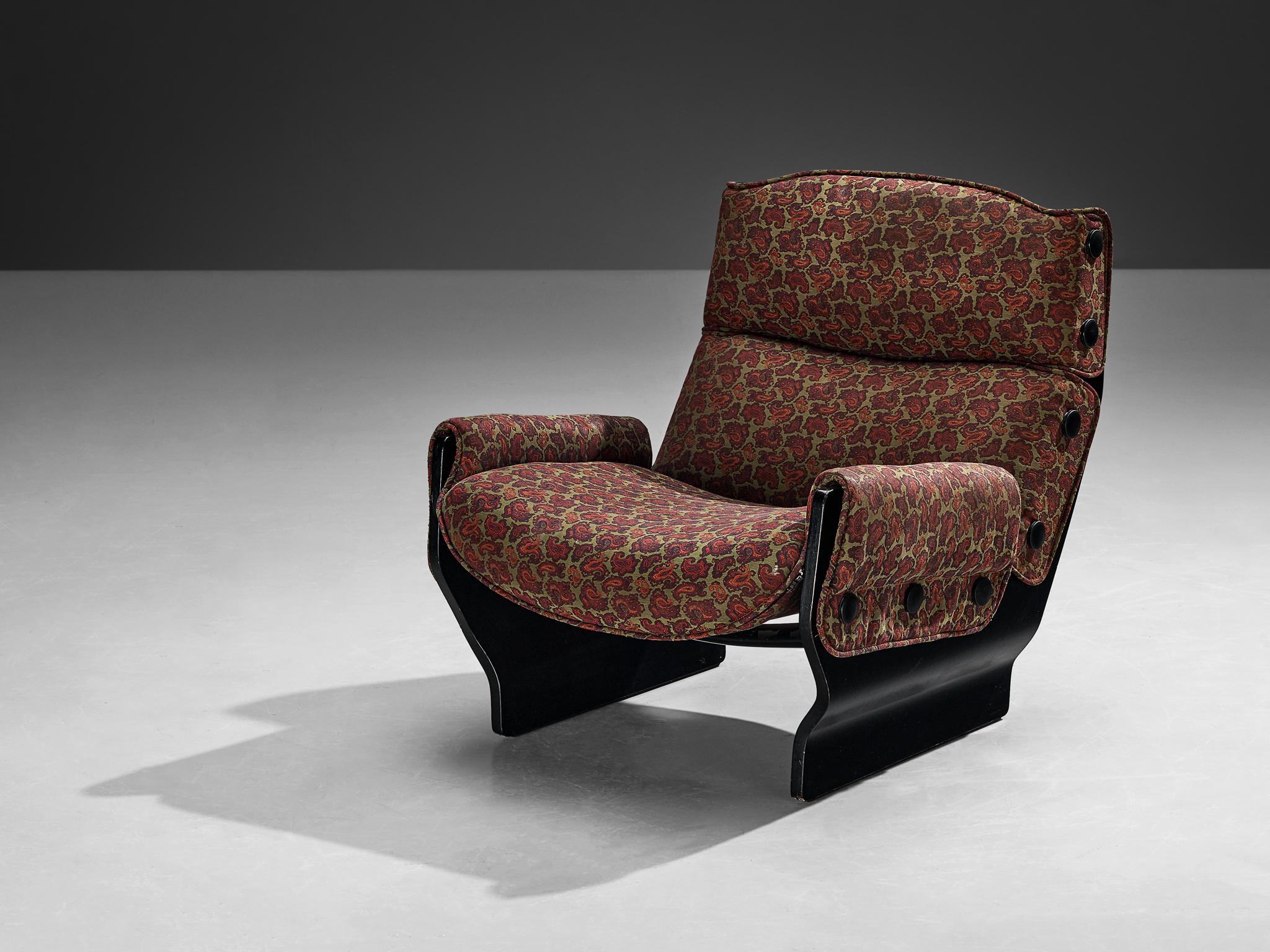 Osvaldo Borsani, Valeria Borsani, and Marco Fantoni for Tecno, 'Canada' lounge chair, model 'T110', fabric, lacquered plywood, Italy, 1966

The Canada series was developed from some rough initial sketches by Valeria Borsani and Marco Fantoni while