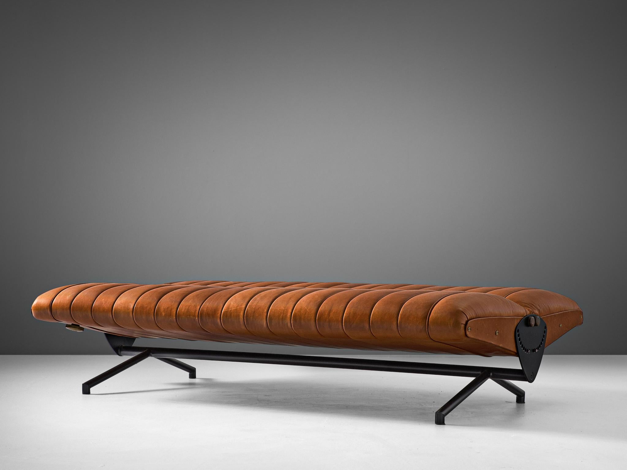 Brass Osvaldo Borsani for Tecno 'D70' Sofa in Cognac Brown Leather  For Sale