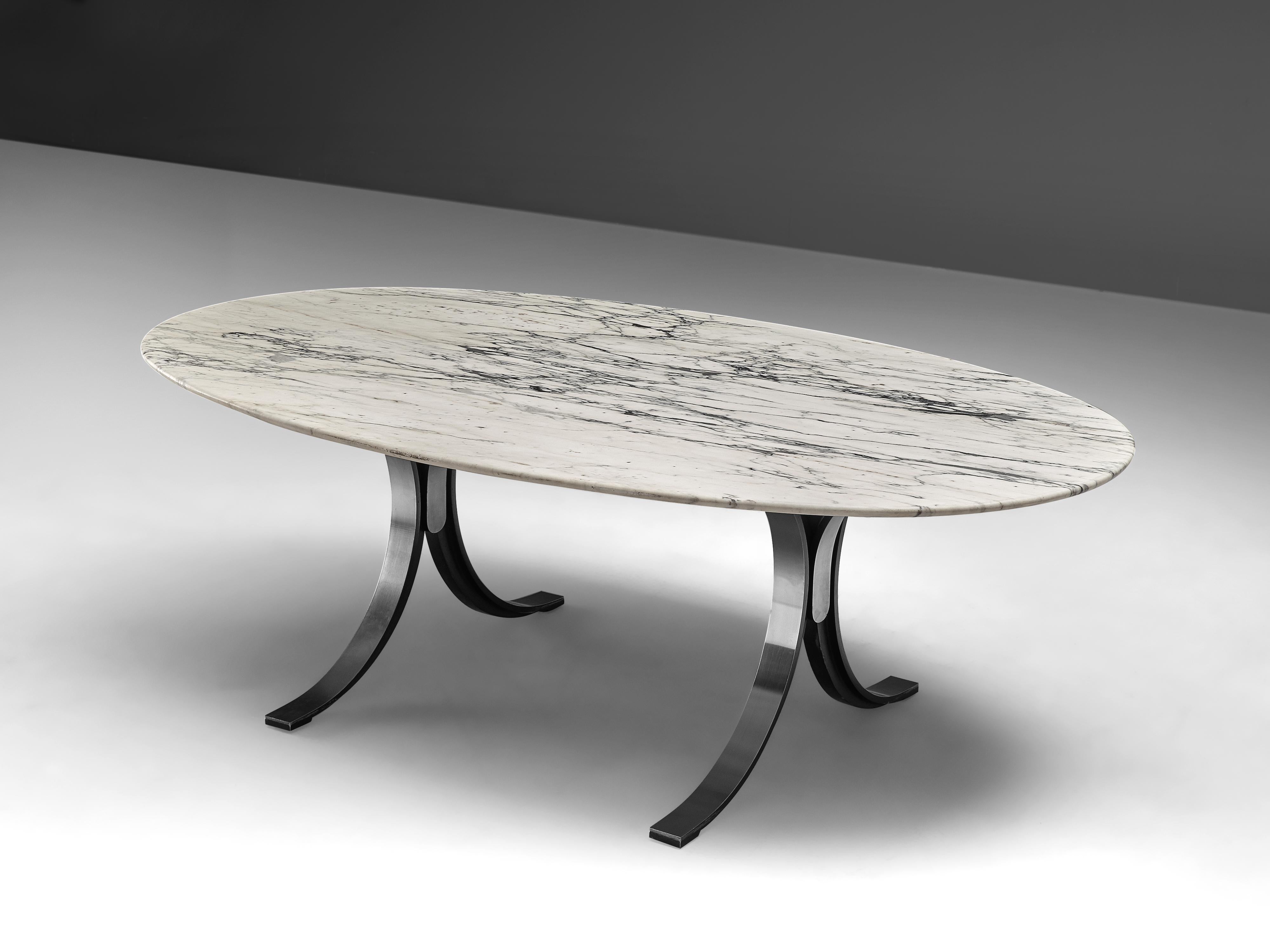 Osvaldo Borsani for Tecno, dining table T 102, Carrara marble, chrome-plated steel, Italy, 1964

This elegant white marble top shows amazing veins in shades of grey. The top is positioned on top of four outward bending legs in chrome-plated steel.