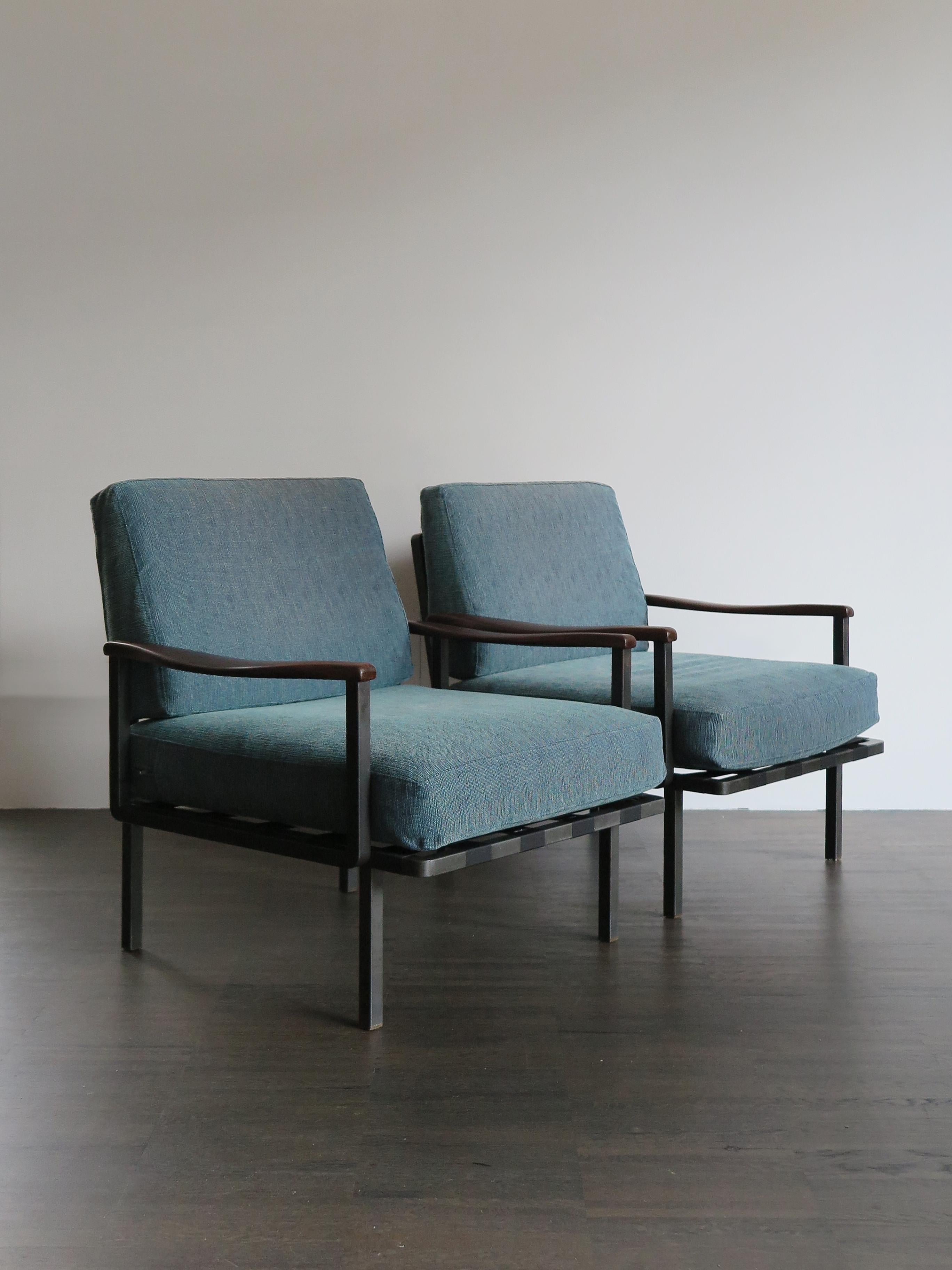 Mid-Century Modern Osvaldo Borsani for Tecno Italian Midcentury Blue Fabric Armchairs, 1960s