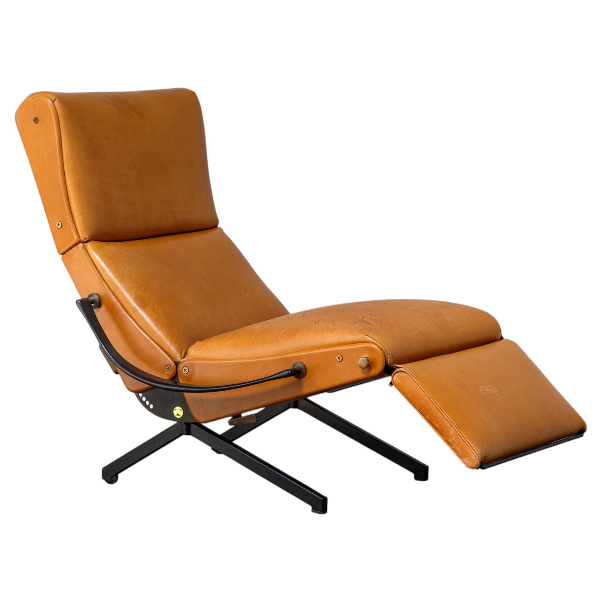 Osvaldo Borsani for Tecno P40 Chaise Lounge, Cognac Leather, Mid-Century Italy