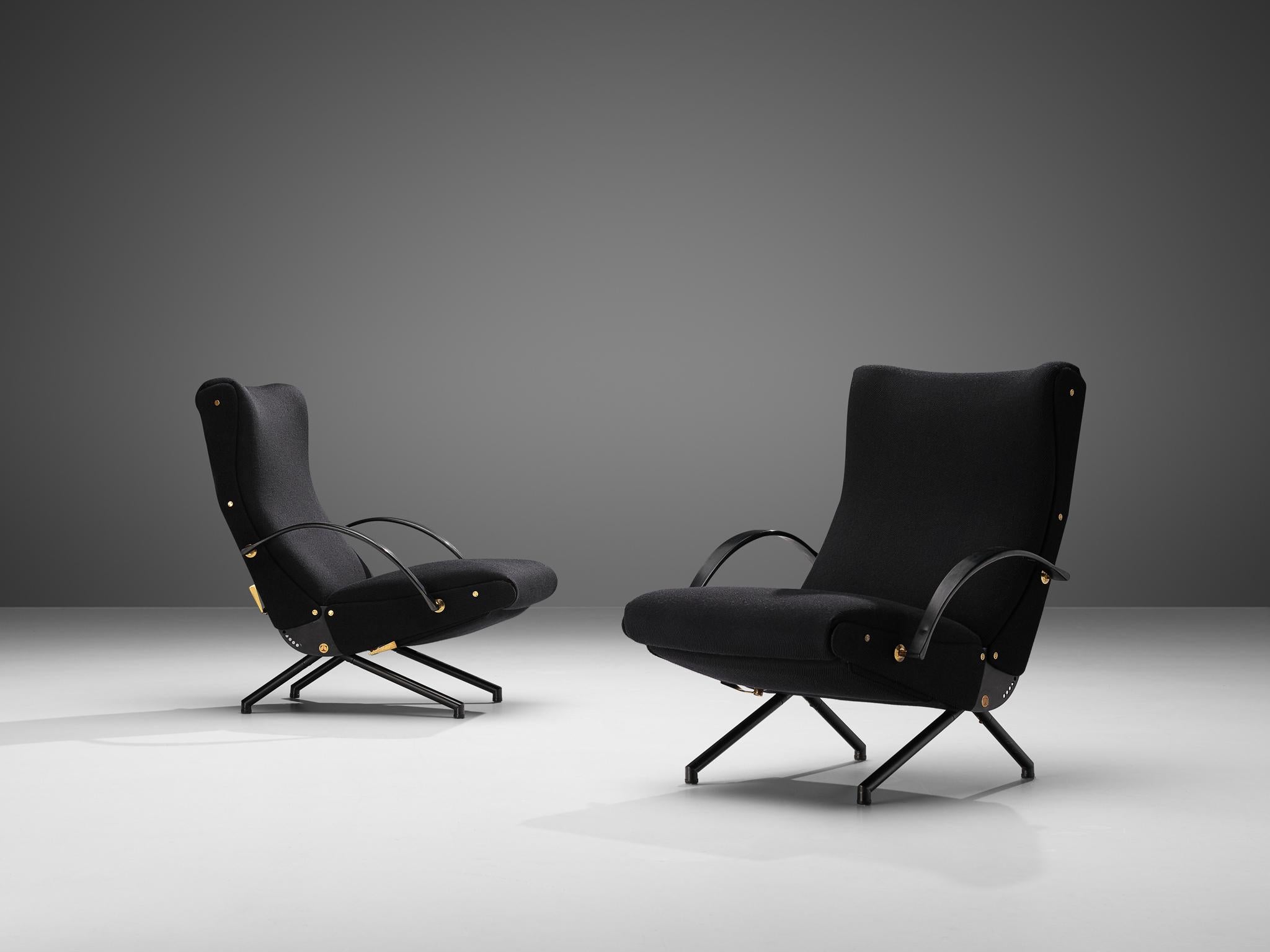 Osvaldo Borsani for Tecno, pair of P40 lounge chairs, original black fabric, metal, Italy, 1955.

These lounge chairs have been the result of the relentless search for an armchair that facilitated maximum relaxation. This search was in line with