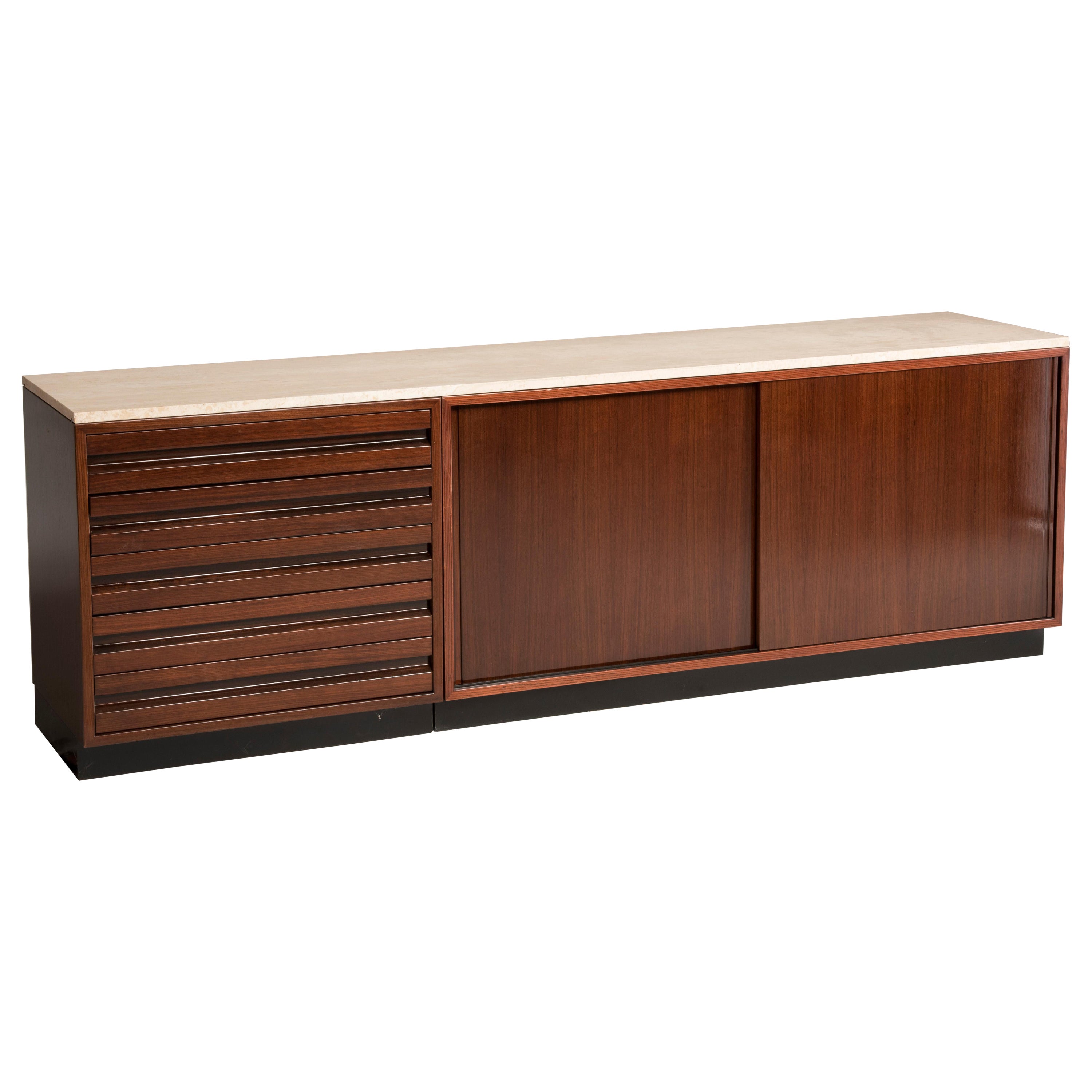 Osvaldo Borsani for Tecno Travertine Marble Rosewood Sliding Doors Sideboard